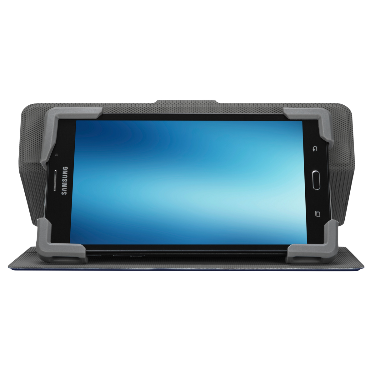 Un tablet in una custodia grigia. Lo schermo mostra una sfumatura blu. La custodia ha angoli grigi e una base blu.