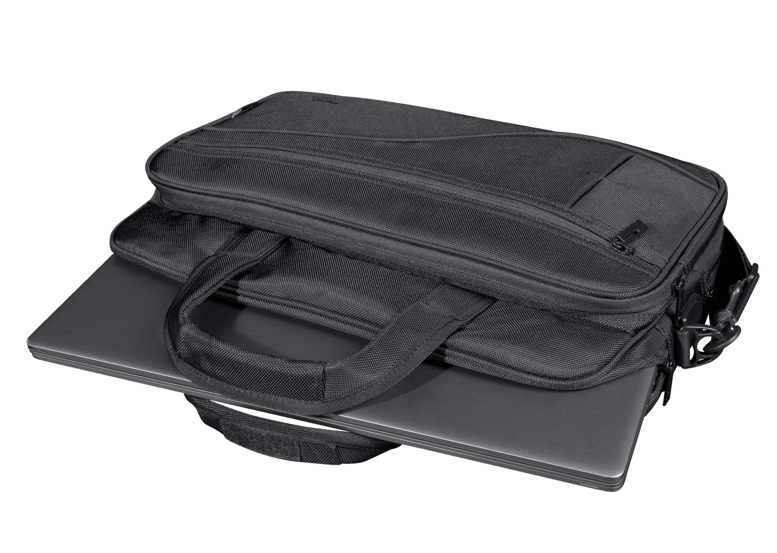 Borsa nera per laptop con laptop all'interno. Maniglia in alto. Scomparti con cerniera.