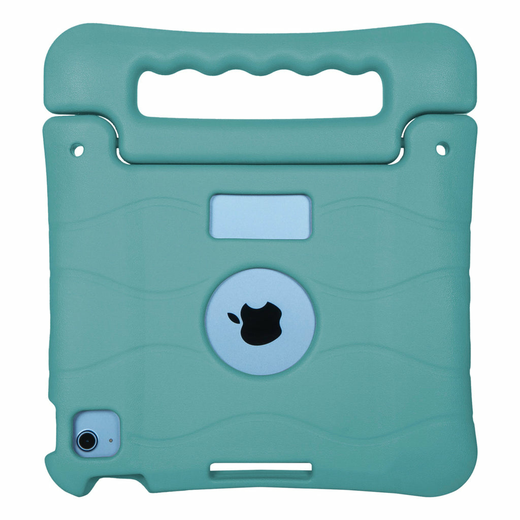 Funda para iPad turquesa con asa. Cuenta con logotipo de Apple, recorte de cámara y detalles en azul claro. Fondo blanco.