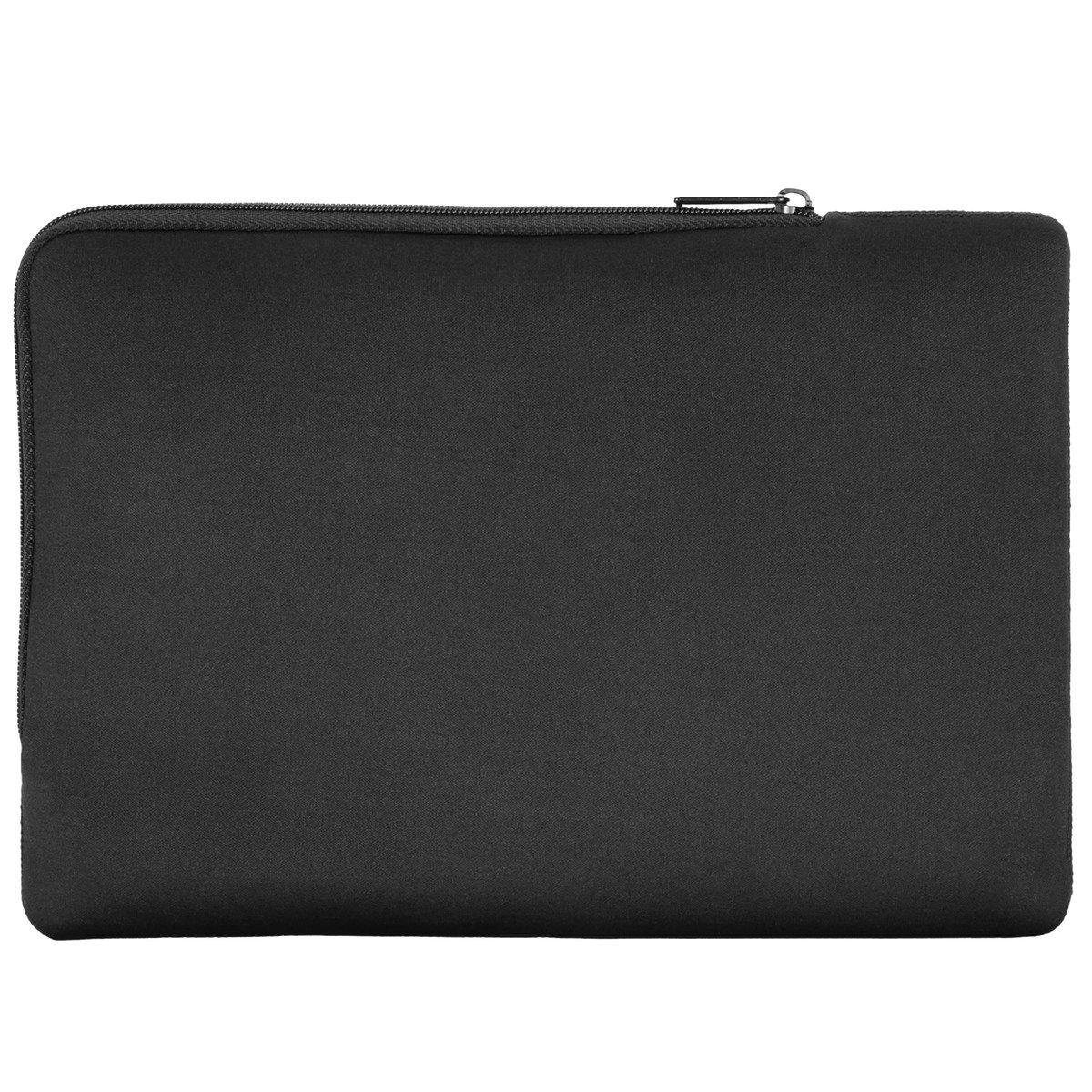 Eine rechteckige, schwarze Laptoptasche. Sie hat einen Reißverschluss an der Oberkante und eine glatte, matte Textur. Der Hintergrund ist weiß.