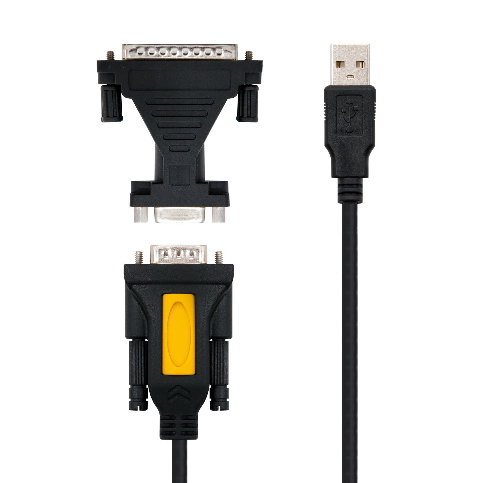 Tres conectores de computadora: un cable USB y dos adaptadores negros con conectores plateados. Un adaptador tiene una inserción amarilla.