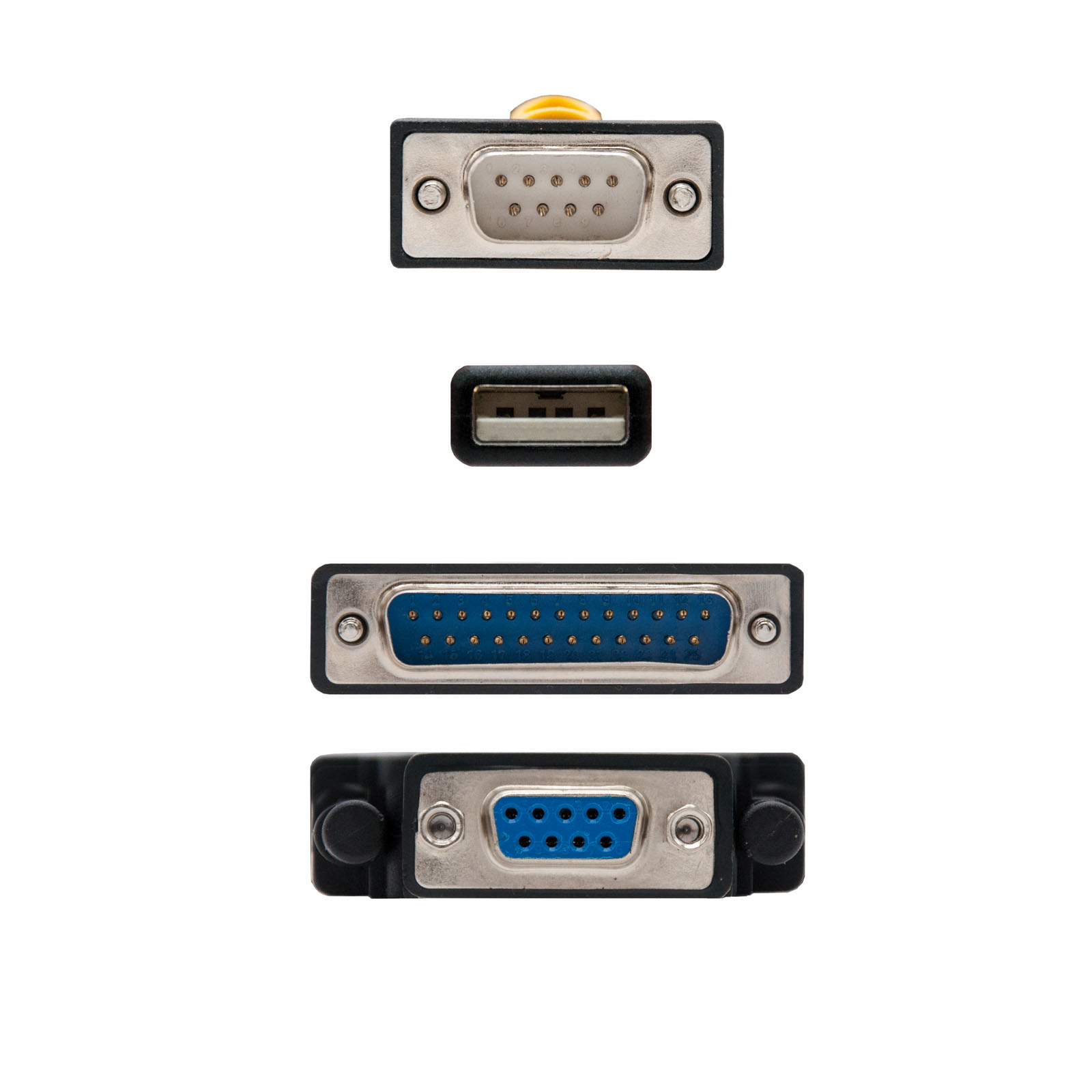 Cuatro tipos de conectores de computadora: DB9, USB, DB25 y otro DB9, todos con metal plateado y plástico negro.