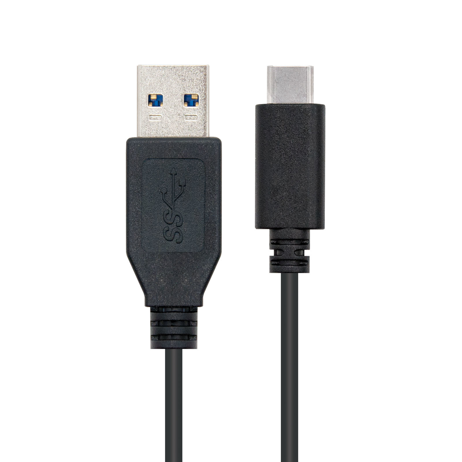 Imagen de un cable USB con dos conectores: USB-A y USB-C. Ambos son negros, con contactos metálicos plateados.