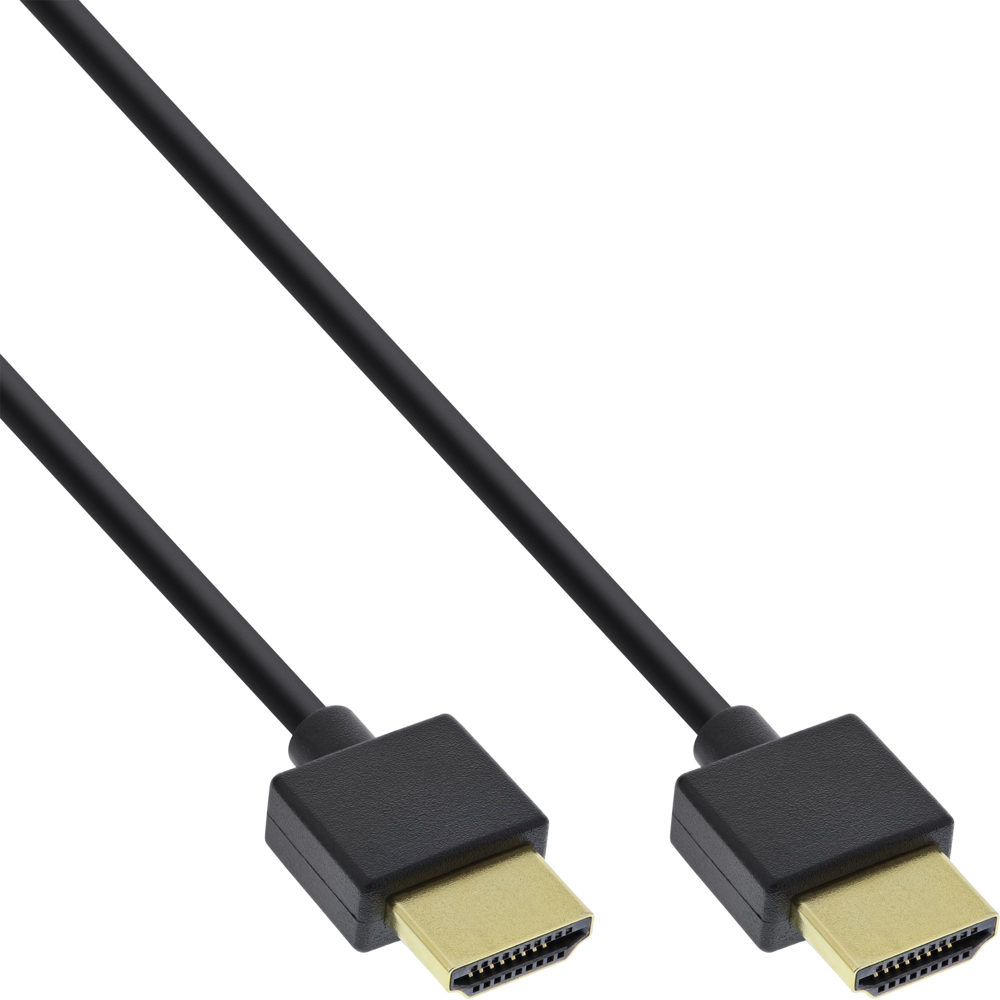 Zwei schwarze HDMI-Kabel mit goldenen Steckern. Kabel sind vor weißem Hintergrund abgewinkelt.