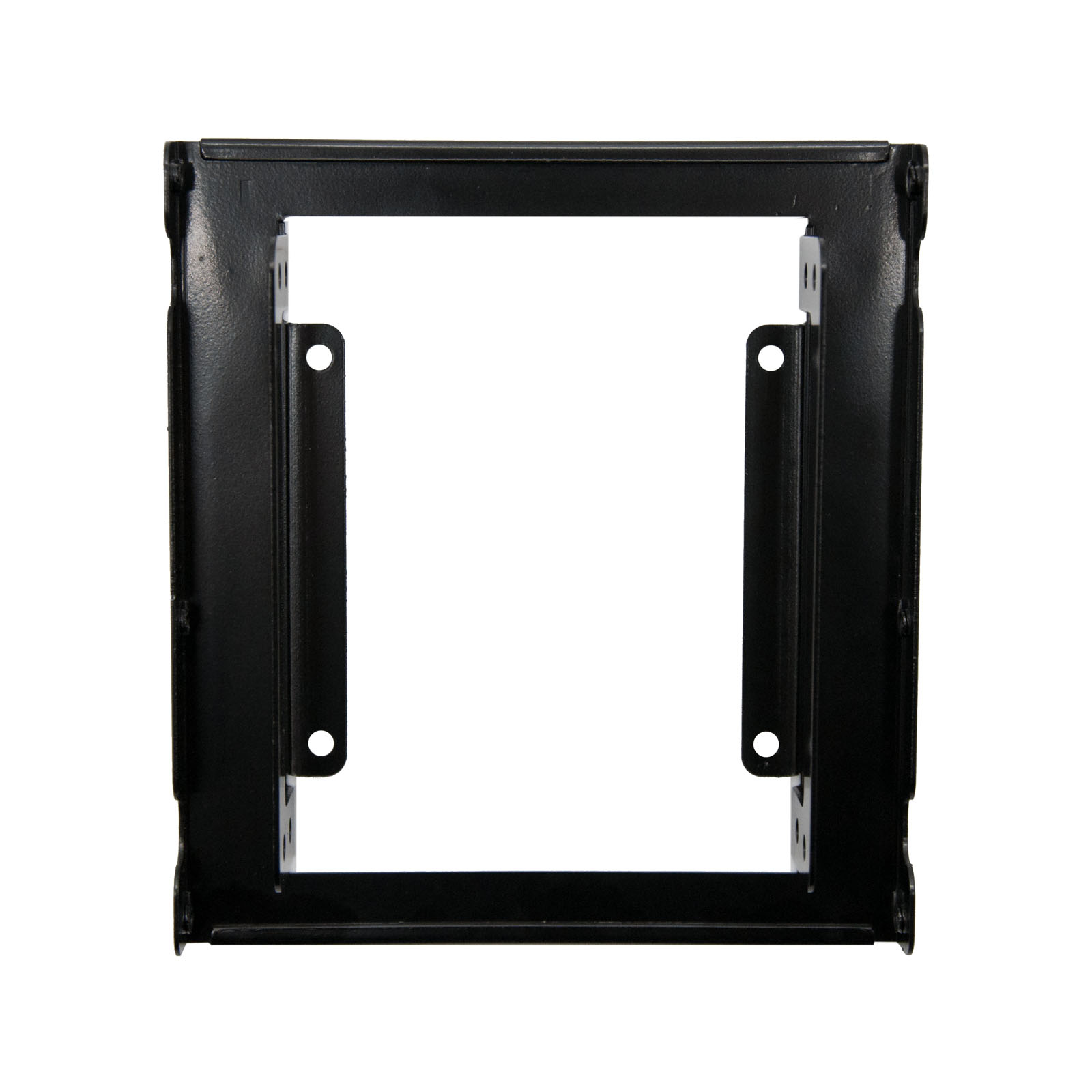 Soporte metálico negro con marco rectangular y dos barras verticales, cada una con dos agujeros, sobre fondo blanco.