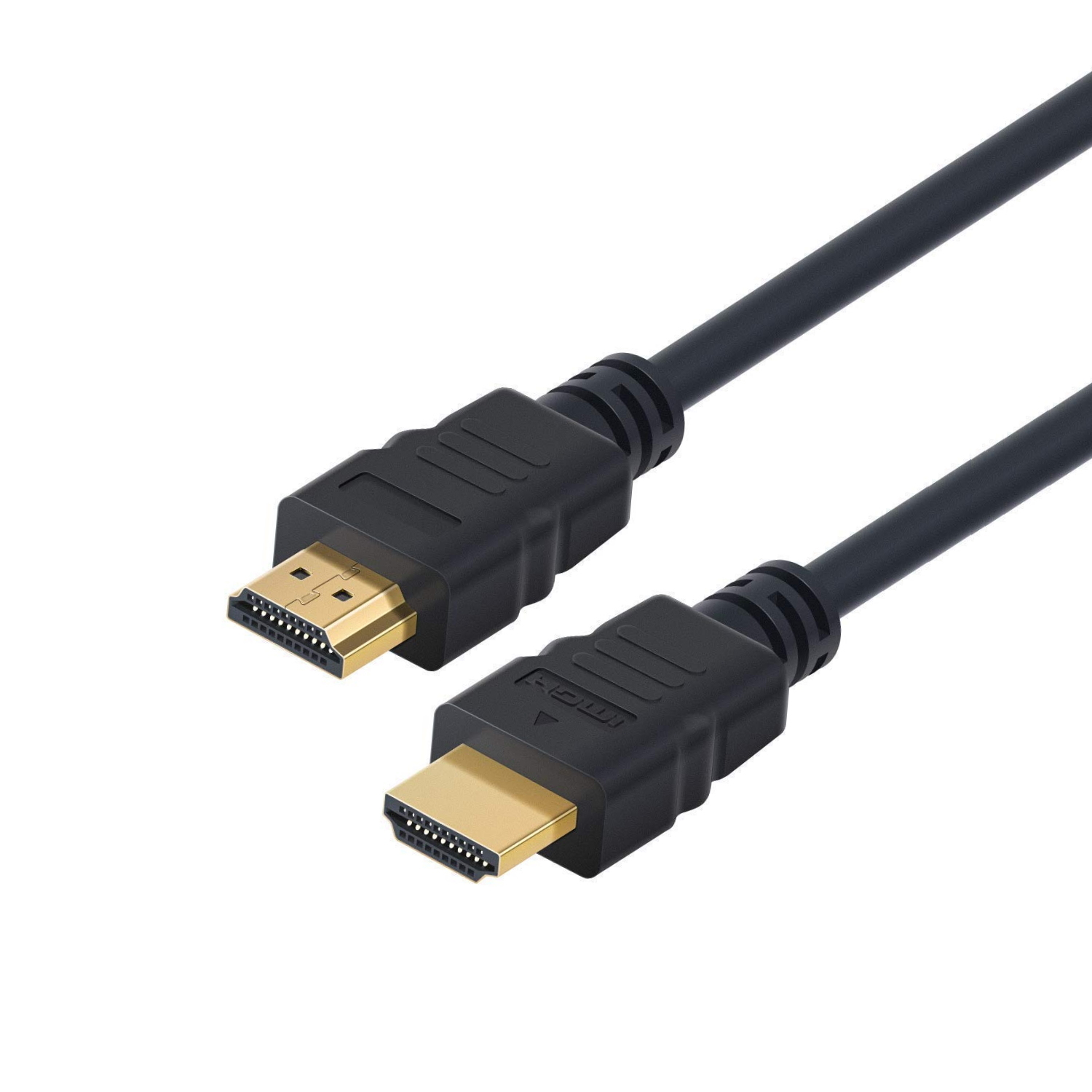 Dos cables HDMI negros con conectores dorados sobre un fondo blanco.