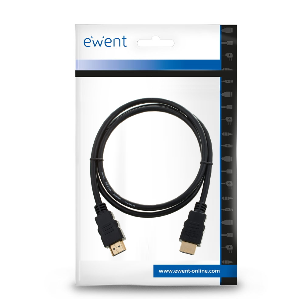 Un cable HDMI negro en un embalaje transparente. El cable está en bucle. El embalaje tiene la marca 'e-went' y el sitio web.