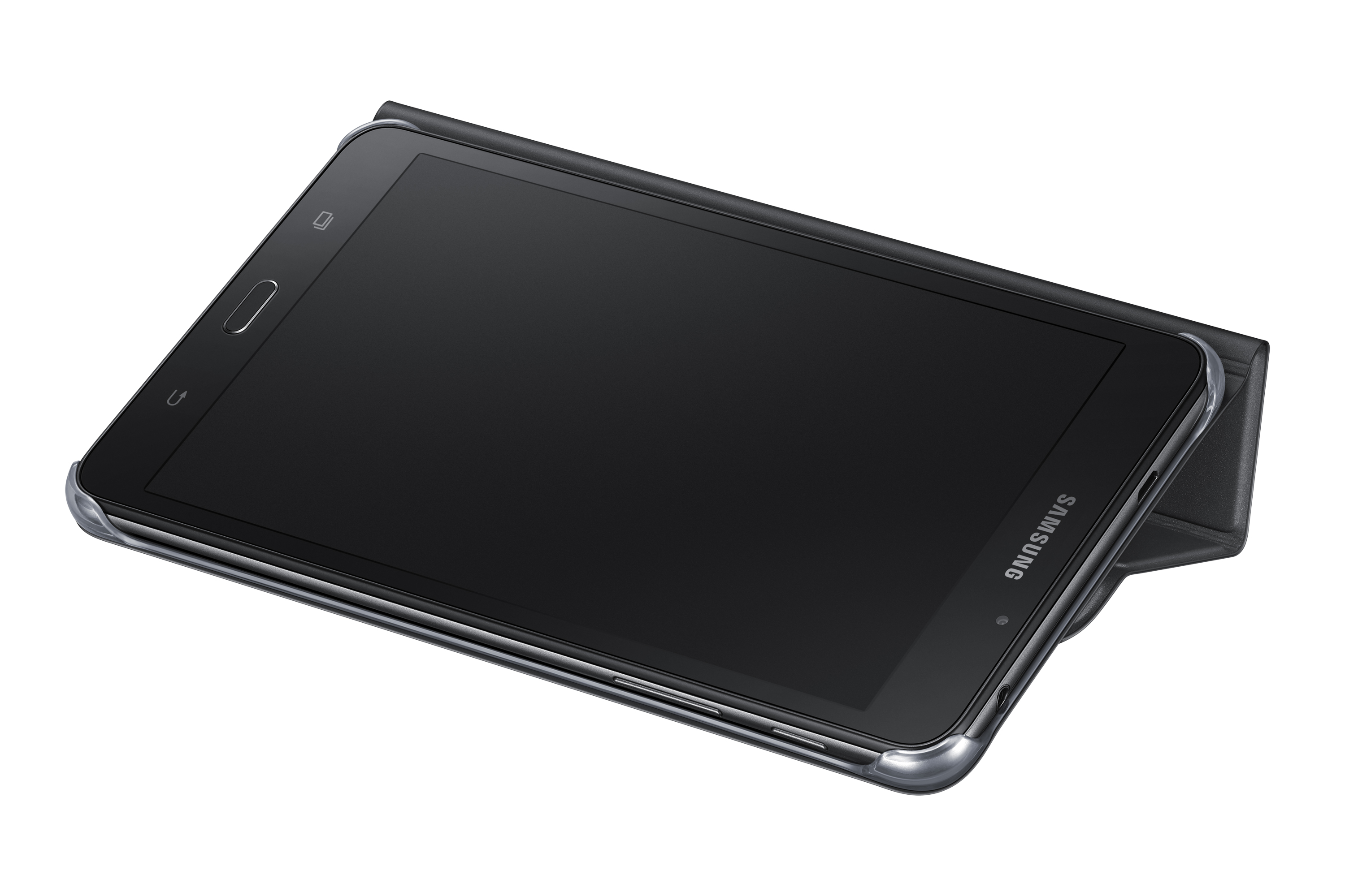 Schwarzes Samsung-Tablet in einer Hülle. Der Bildschirm ist eingeschaltet und das Tablet ist schräg gestellt.