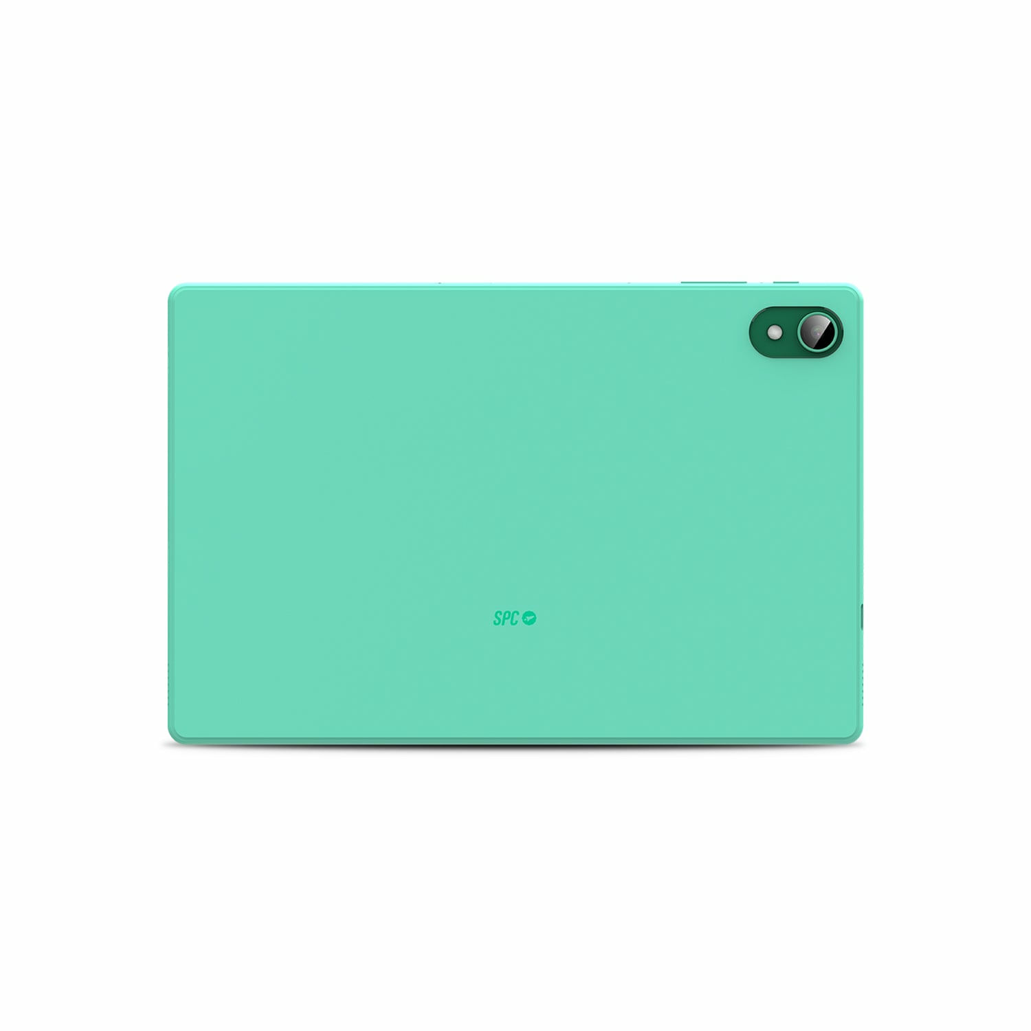 Un tablet color menta è mostrato dal retro. Ha una fotocamera e un flash. Il marchio 'SPC' è visibile.