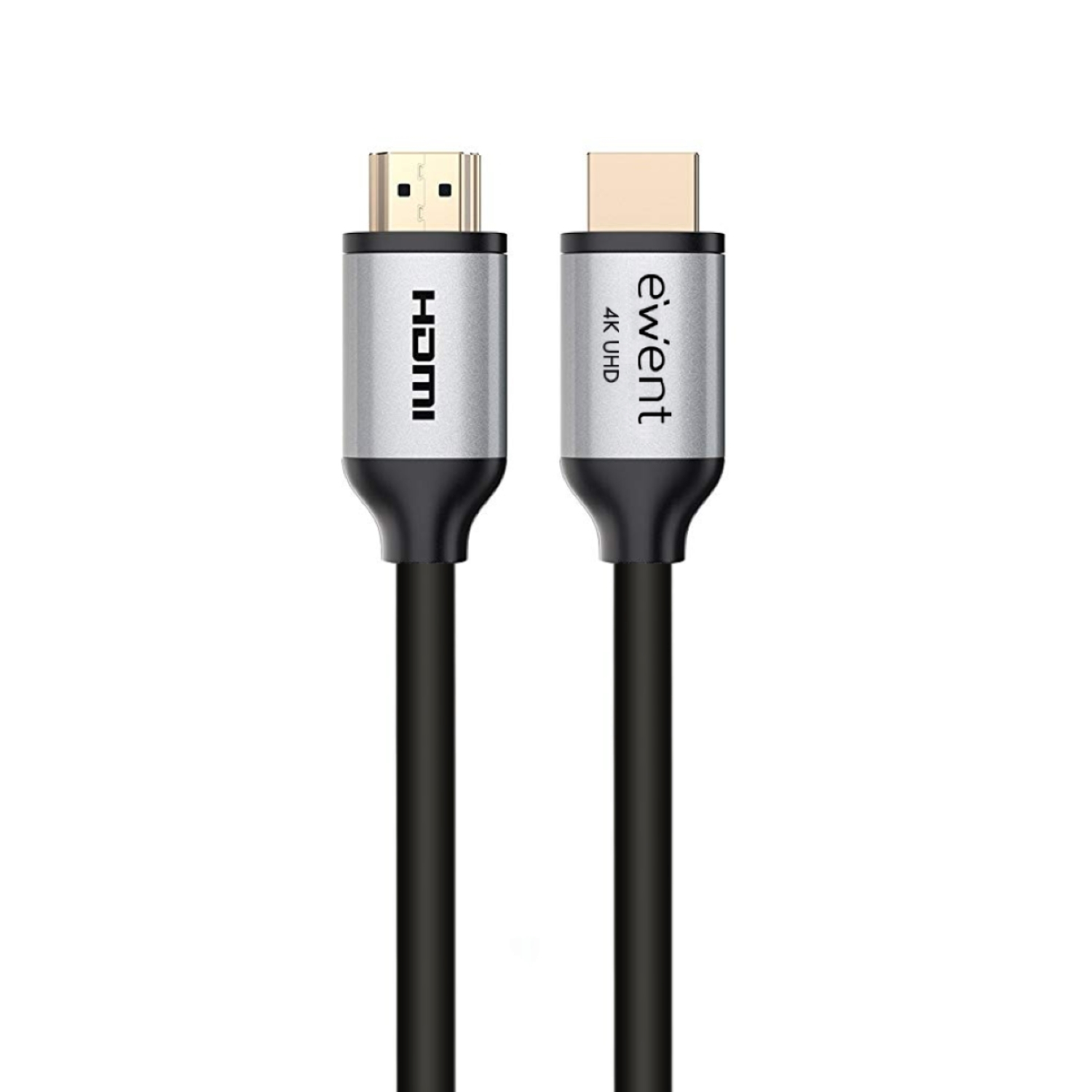 Dos cables HDMI uno al lado del otro. Uno dice HDMI, el otro dice ewent 4K UHD. Ambos tienen cables negros y conectores metálicos.