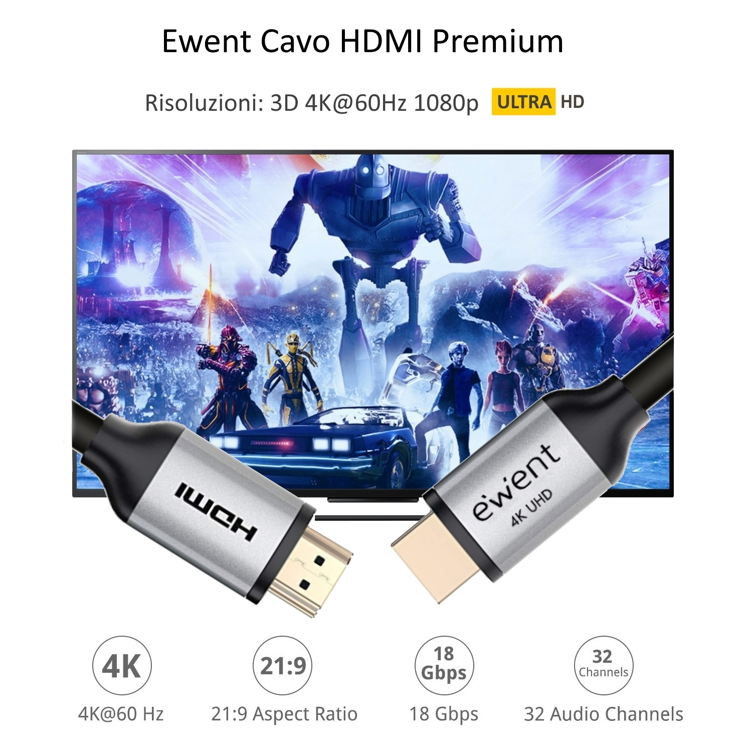 Un cable HDMI con conectores, mostrando una escena de juego en una pantalla. Características: 4K, Ultra HD y otras especificaciones.