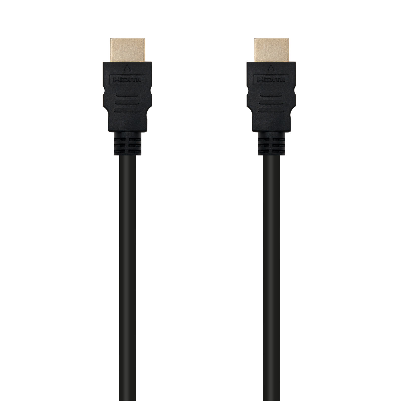 Dos cables HDMI negros con conectores dorados sobre fondo blanco.