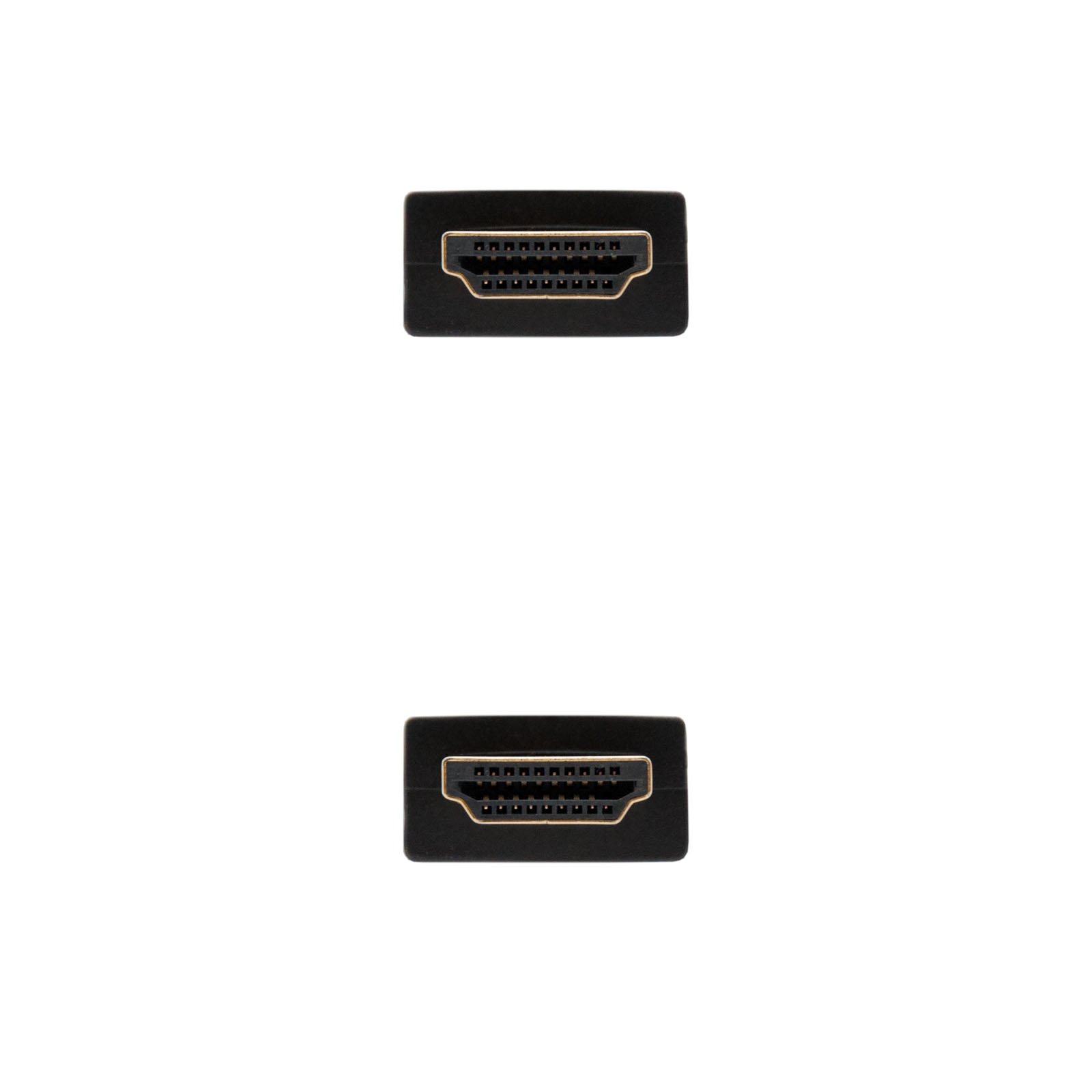 Dos conectores HDMI negros centrados sobre fondo blanco. Cada uno tiene pines dorados.