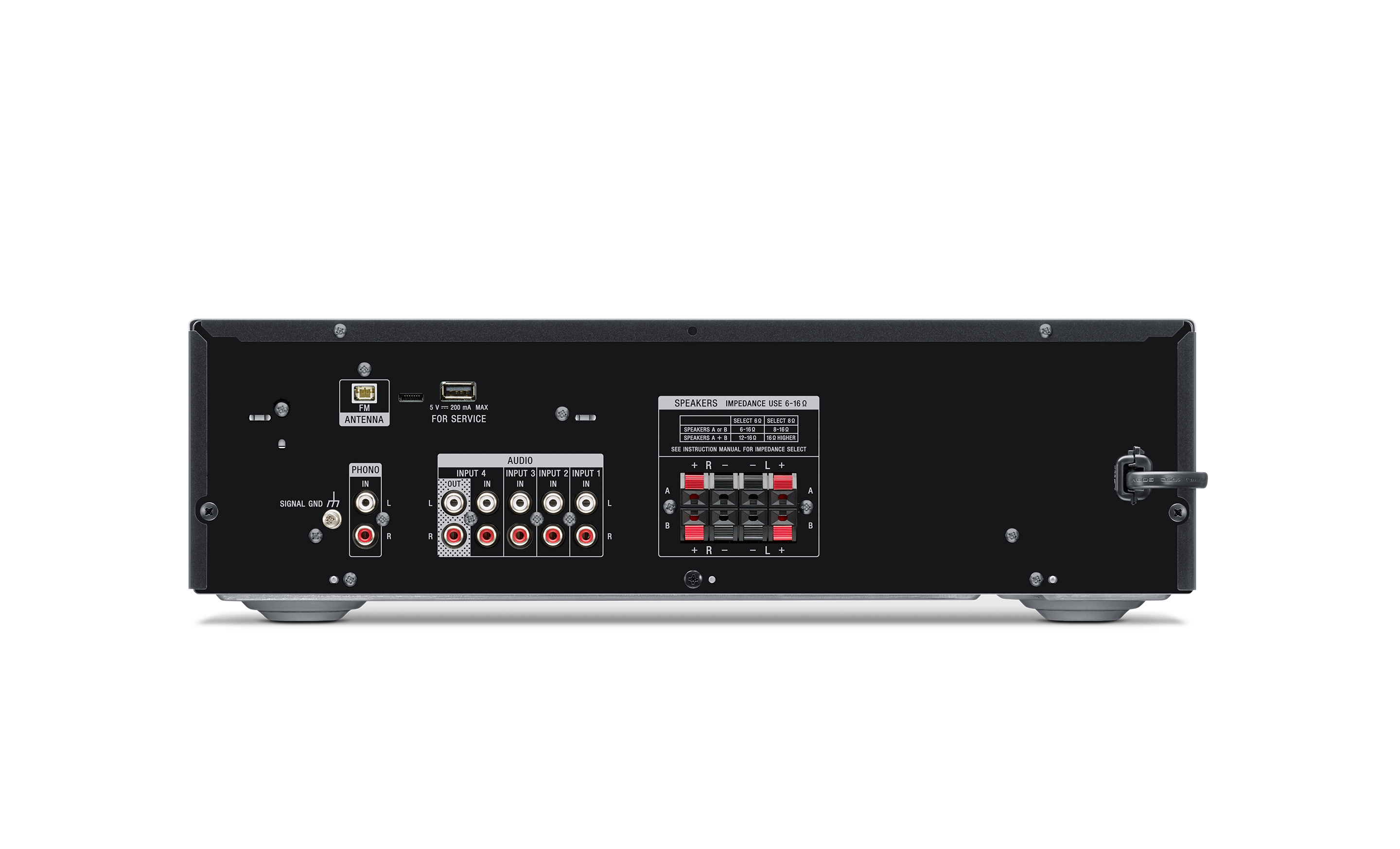 Receptor de audio negro con múltiples puertos de entrada/salida. Incluye terminales de altavoz, antena y puerto USB.