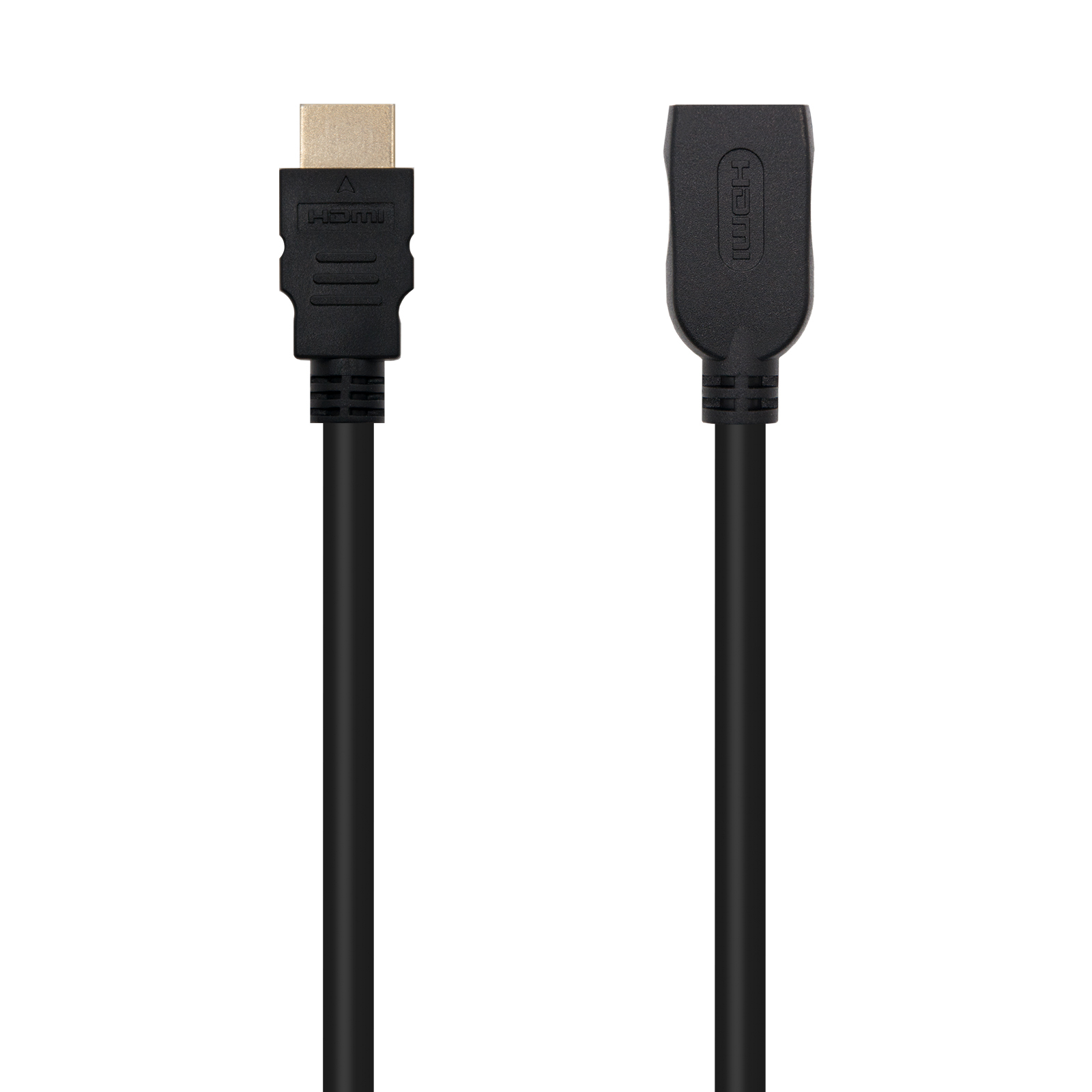 Dos cables HDMI negros sobre un fondo blanco. Uno tiene un conector dorado, el otro un conector hembra.