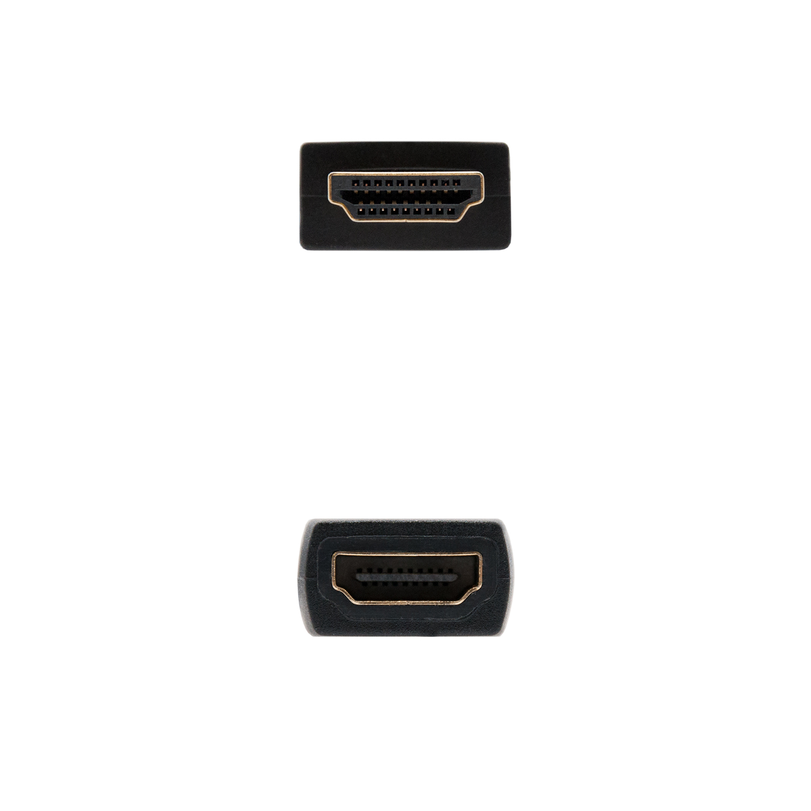 Dos conectores HDMI negros sobre fondo blanco. Uno encima del otro. Ambos mirando al espectador.