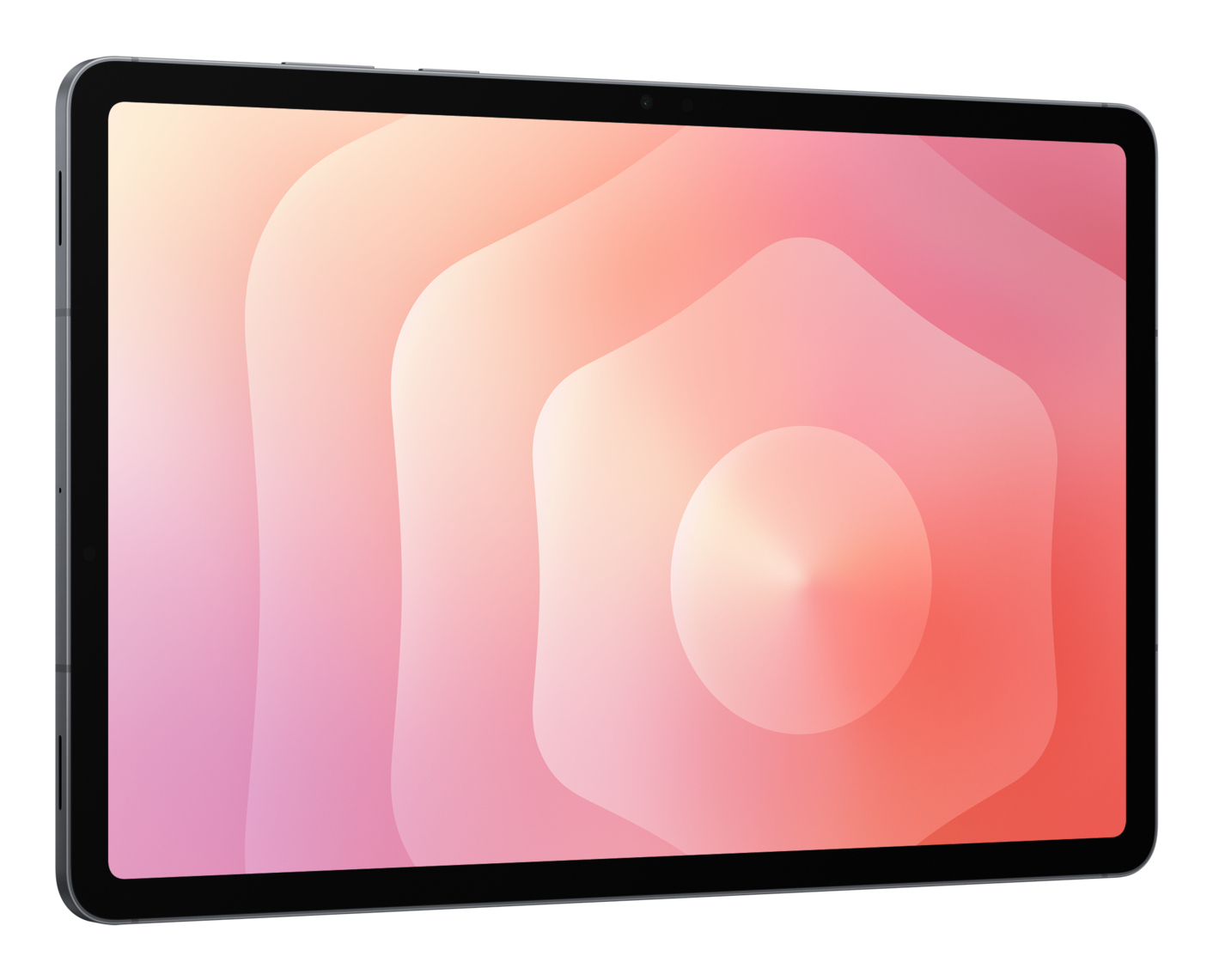 Een tablet met een zwart frame toont een gradiëntachtergrond van roze, oranje en witte vormen. De tablet staat iets schuin.