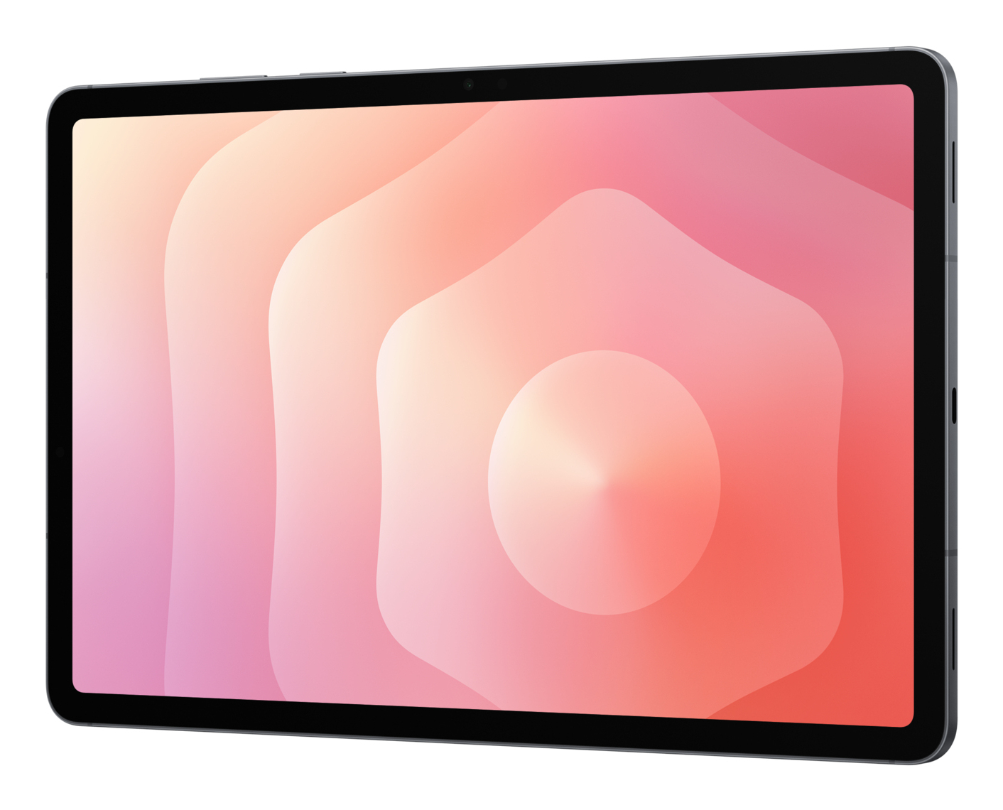 Een tablet met een kleurrijke abstracte achtergrond. Het scherm toont een verloop van roze en oranje vormen. De tablet heeft een zwarte rand.
