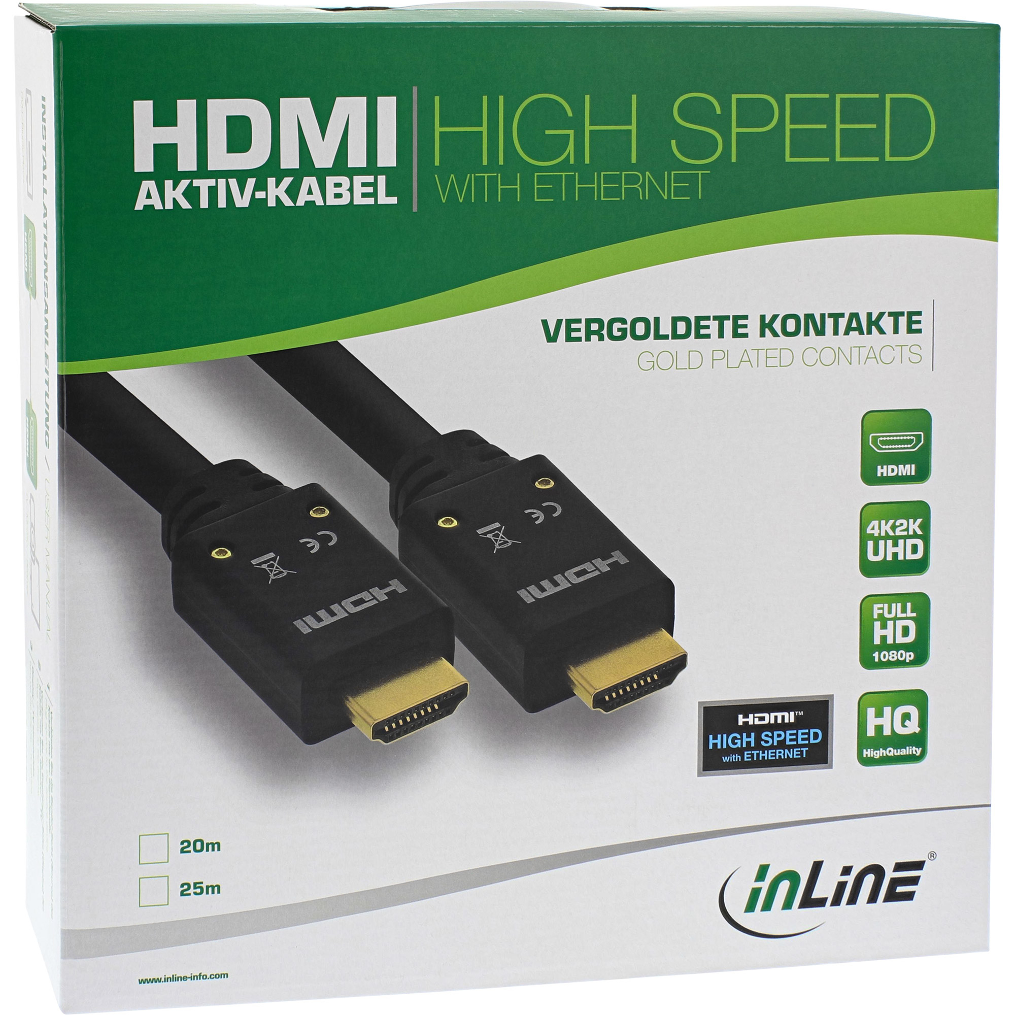 Box mit HDMI-Kabeln. Texte: High Speed, vergoldete Kontakte, 4K UHD, Full HD und inLine Logo.