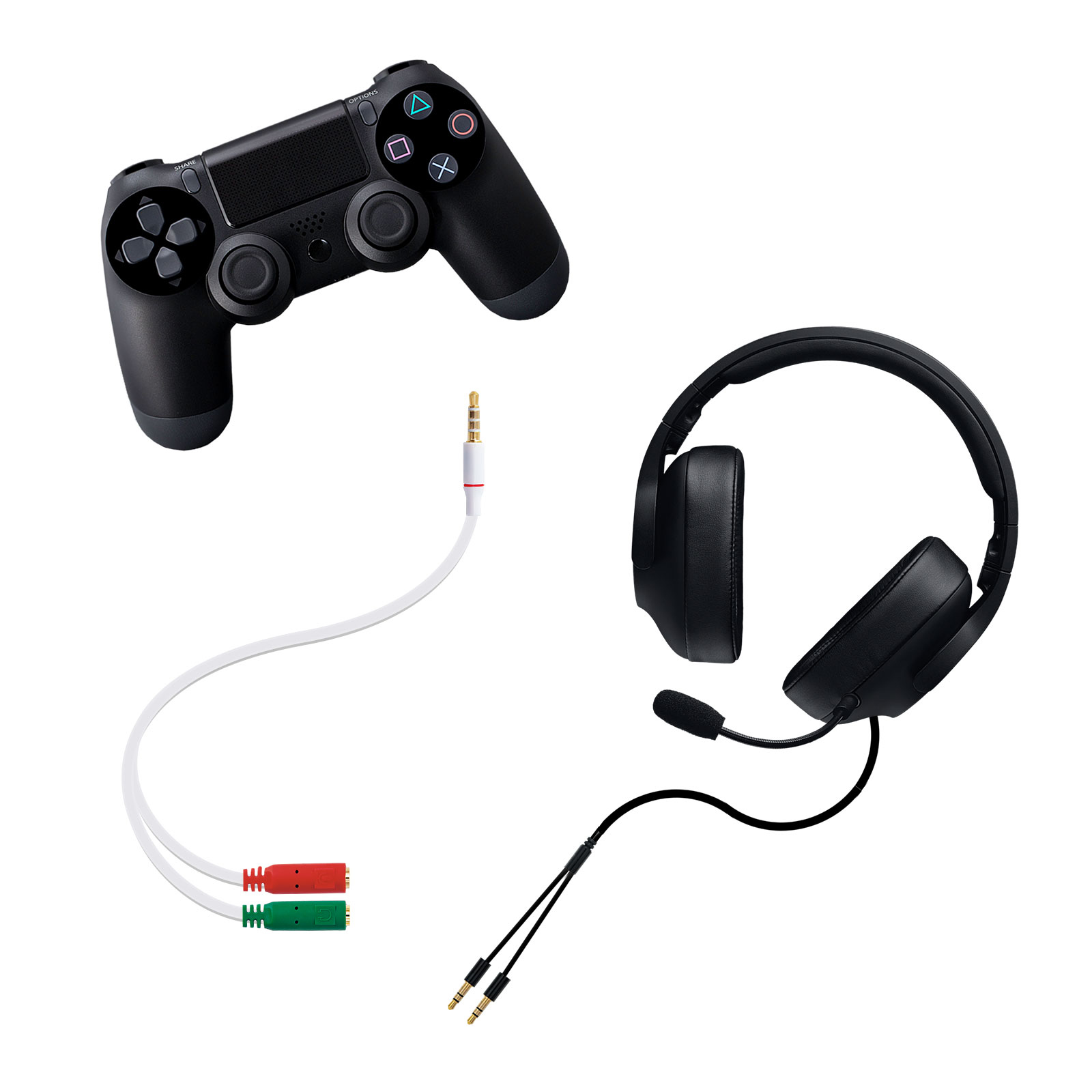 Mando PS4 negro, auriculares y cables de conexión. Fondo blanco.