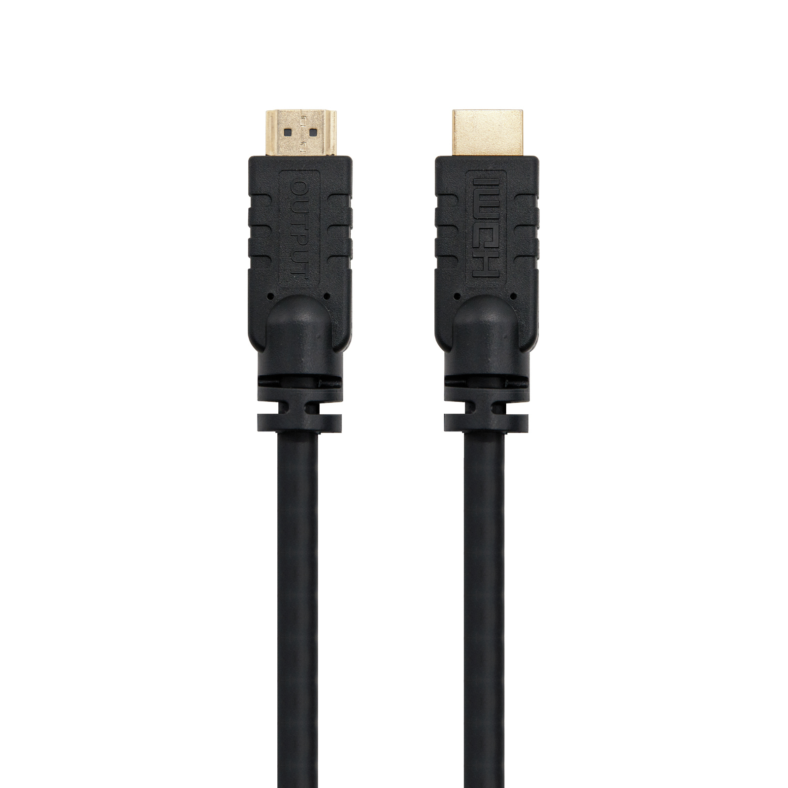 Dos cables HDMI negros con conectores dorados. Uno dice OUTPUT, el otro dice HDMI. Fondo blanco.
