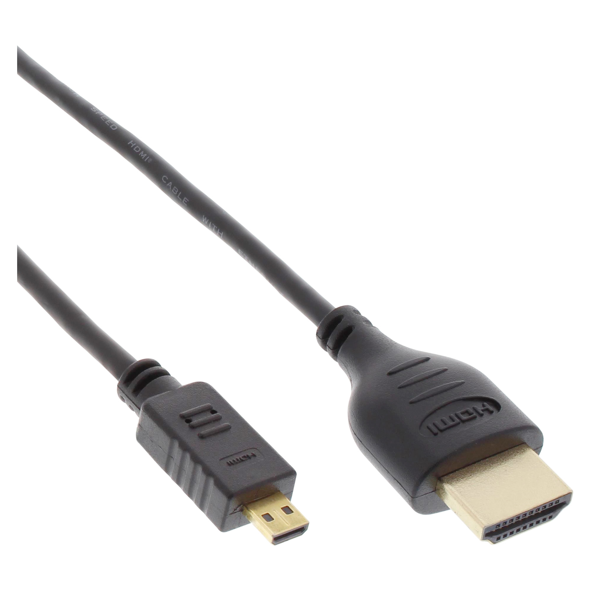 Schwarzes HDMI-Kabel mit zwei Steckern, einmal Mikro, einmal Standard. Goldstecker auf weißem Hintergrund.