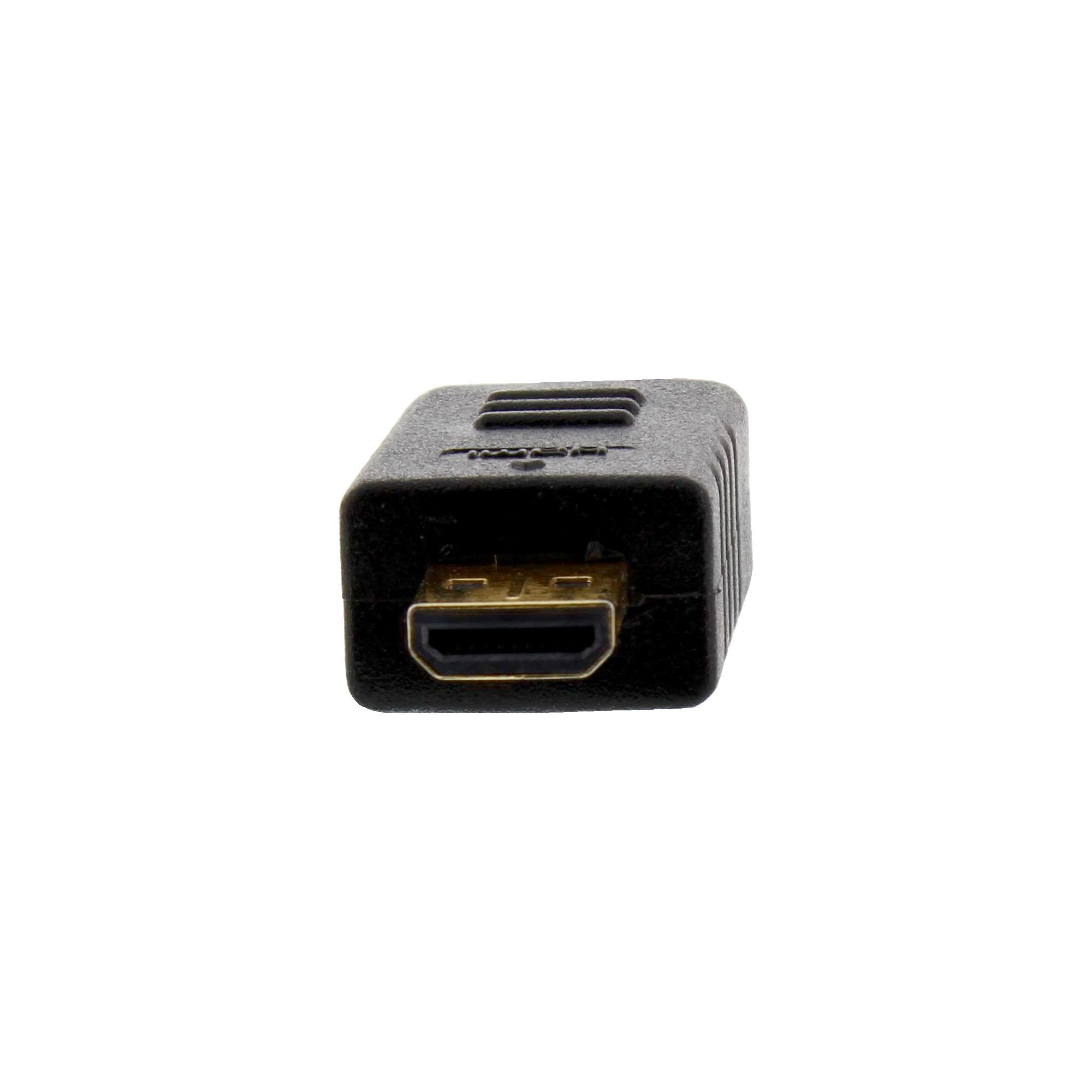Ein schwarzer HDMI-Adapter auf weißem Hintergrund. Er hat einen goldfarbenen Anschluss.