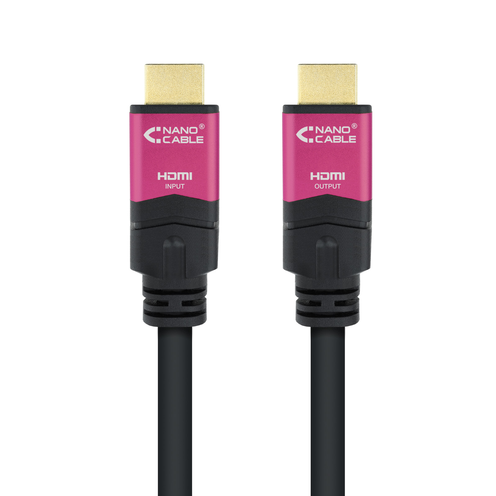 Dos cables HDMI. Cada uno tiene un conector dorado, una etiqueta rosa con texto blanco y un cable negro.