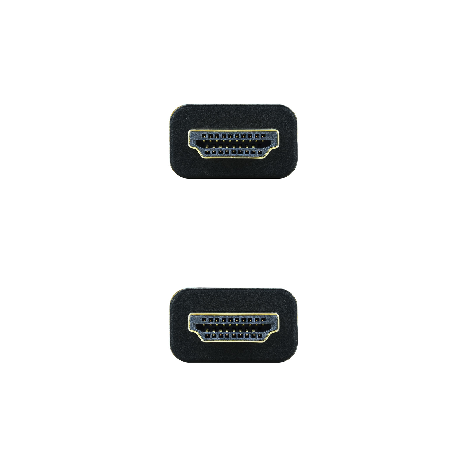 Dos conectores HDMI negros sobre fondo blanco. Cada uno tiene pines dorados.