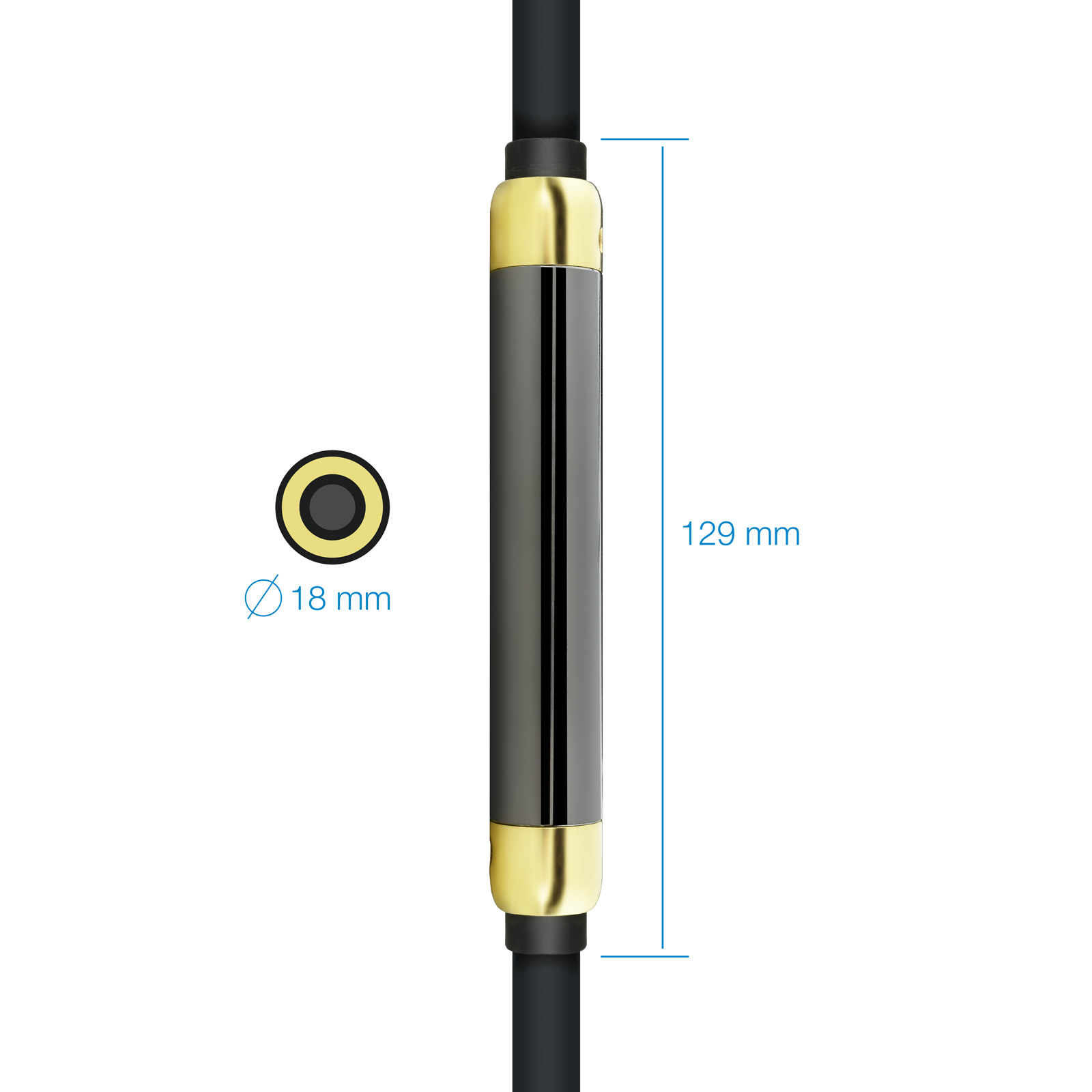 Un cable negro con un cilindro dorado y negro en el medio. El cable tiene un conector de 18 mm de diámetro.