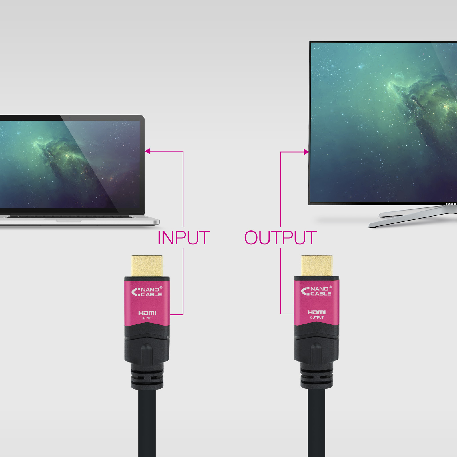 Cable HDMI conectando un portátil a un televisor. Etiquetado entrada y salida. Flechas rosas indican la conexión.
