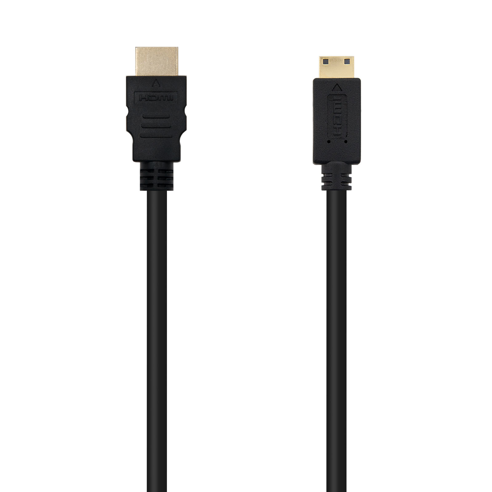Dos cables HDMI negros con conectores dorados sobre fondo blanco.