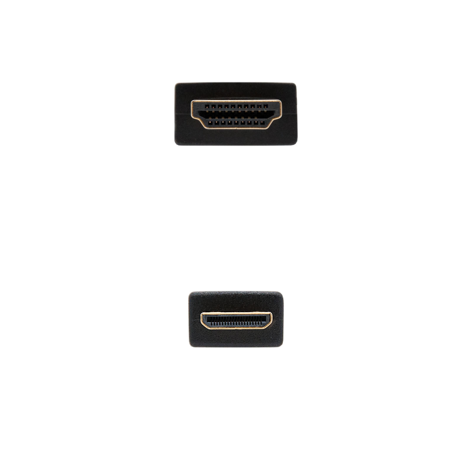 Se muestran dos conectores HDMI negros, uno encima del otro, sobre un fondo blanco. Ambos miran hacia adelante.