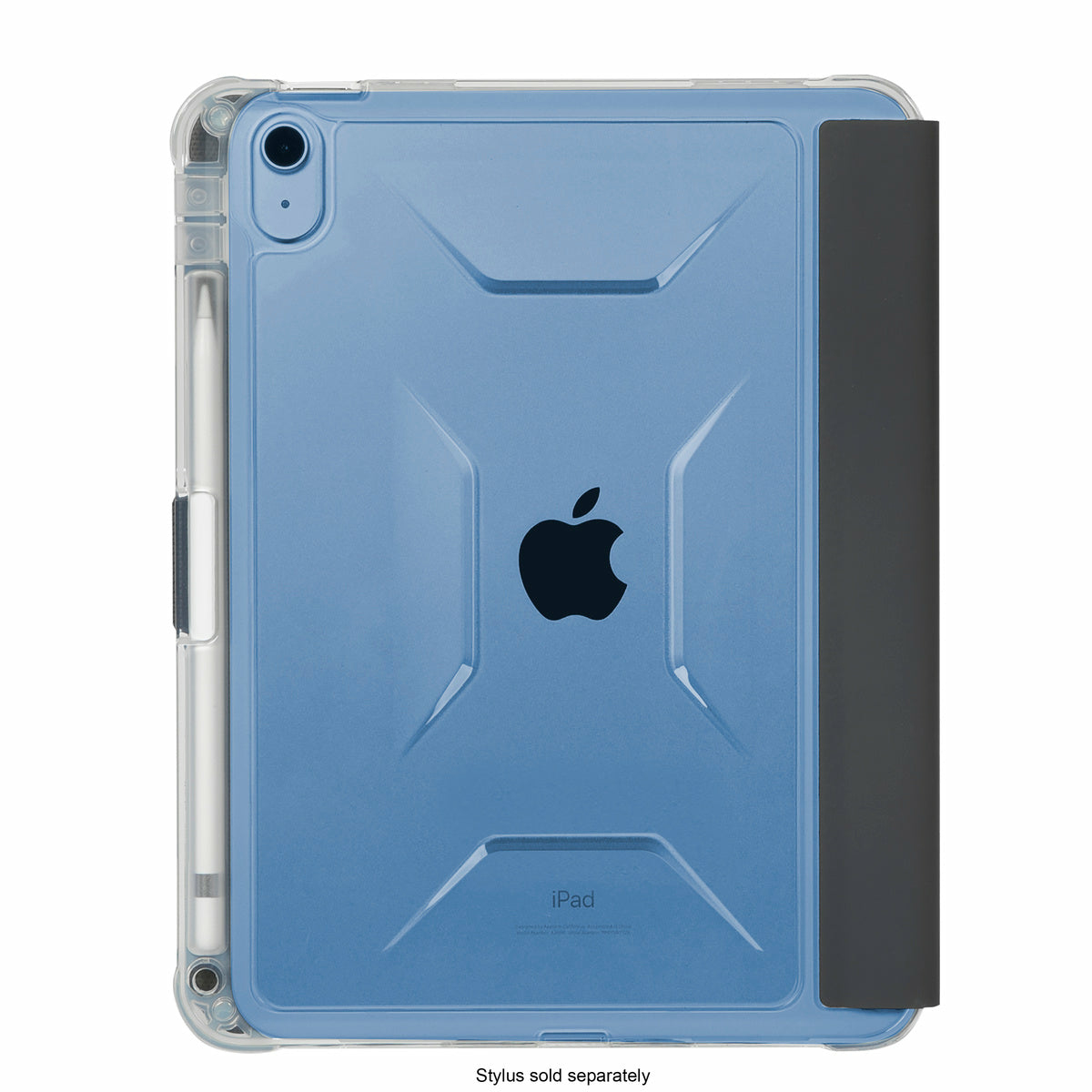 Blue iPad with black Apple logo, clear case, stylus, and a black cover. The stylus is on the left side, and the cover is on the right.