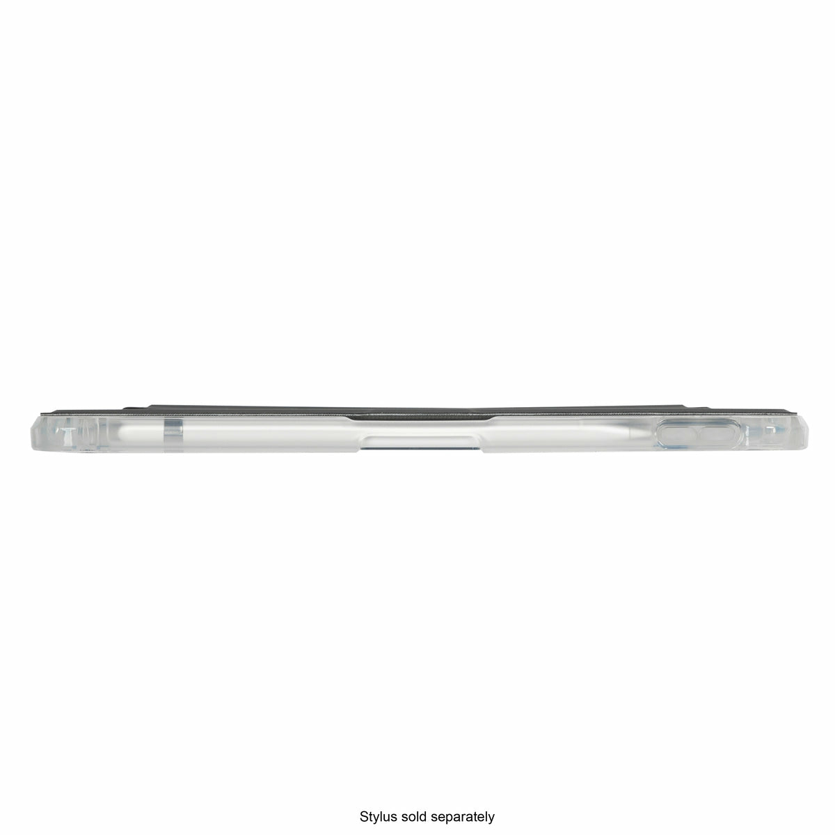 A clear phone case with a stylus inside, lying horizontally. The background is white. Text at the bottom states 'Stylus sold separately'.