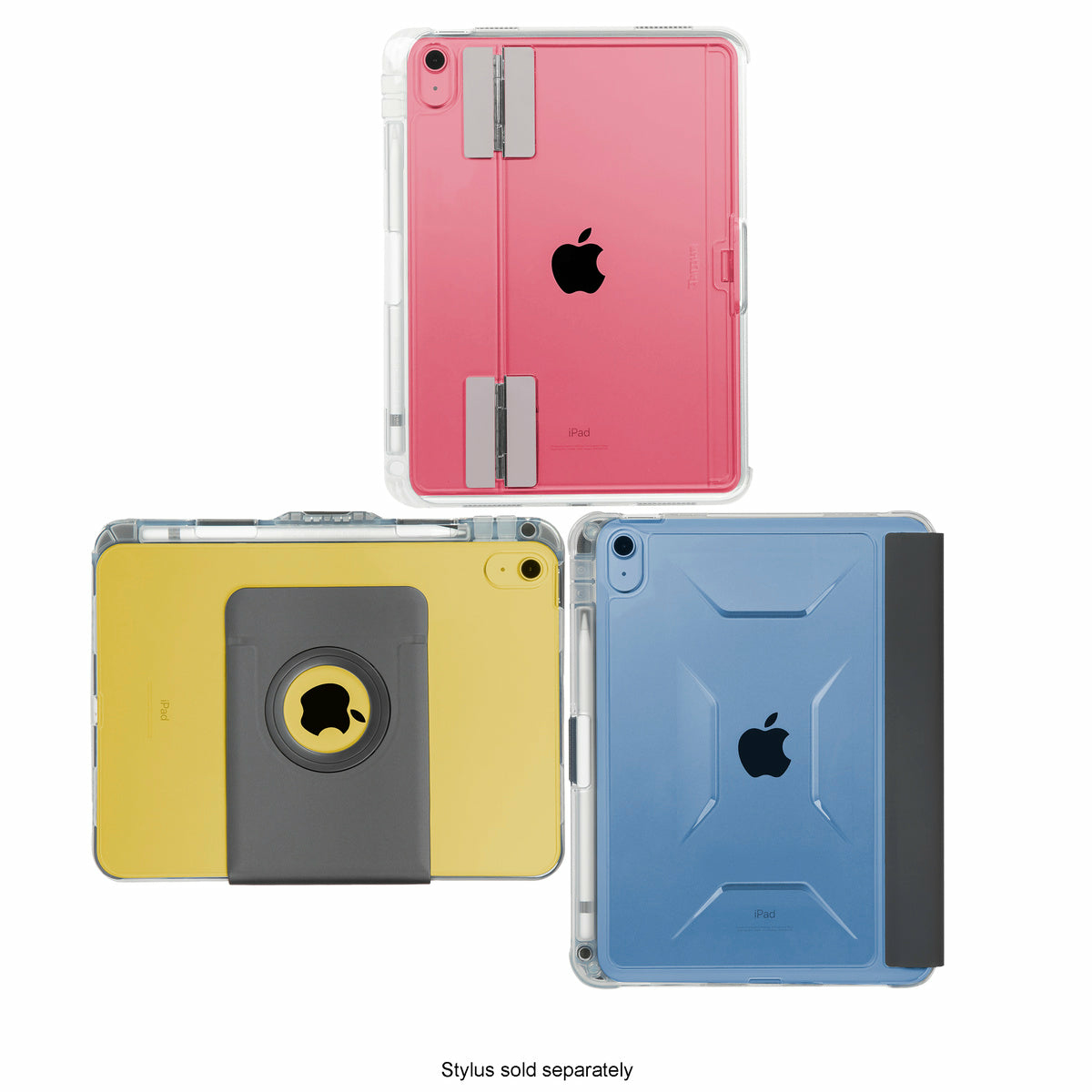 Three iPads in protective cases. Pink, yellow, and blue cases are shown. The Apple logo is visible on each device.