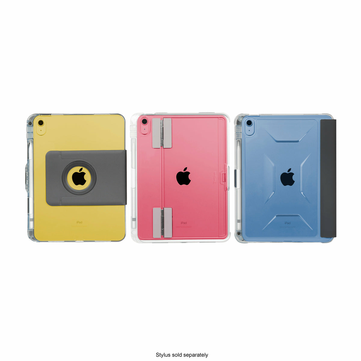 Three iPads in protective cases: yellow, pink, and blue, each with an Apple logo. Cases include stands and stylus holders.