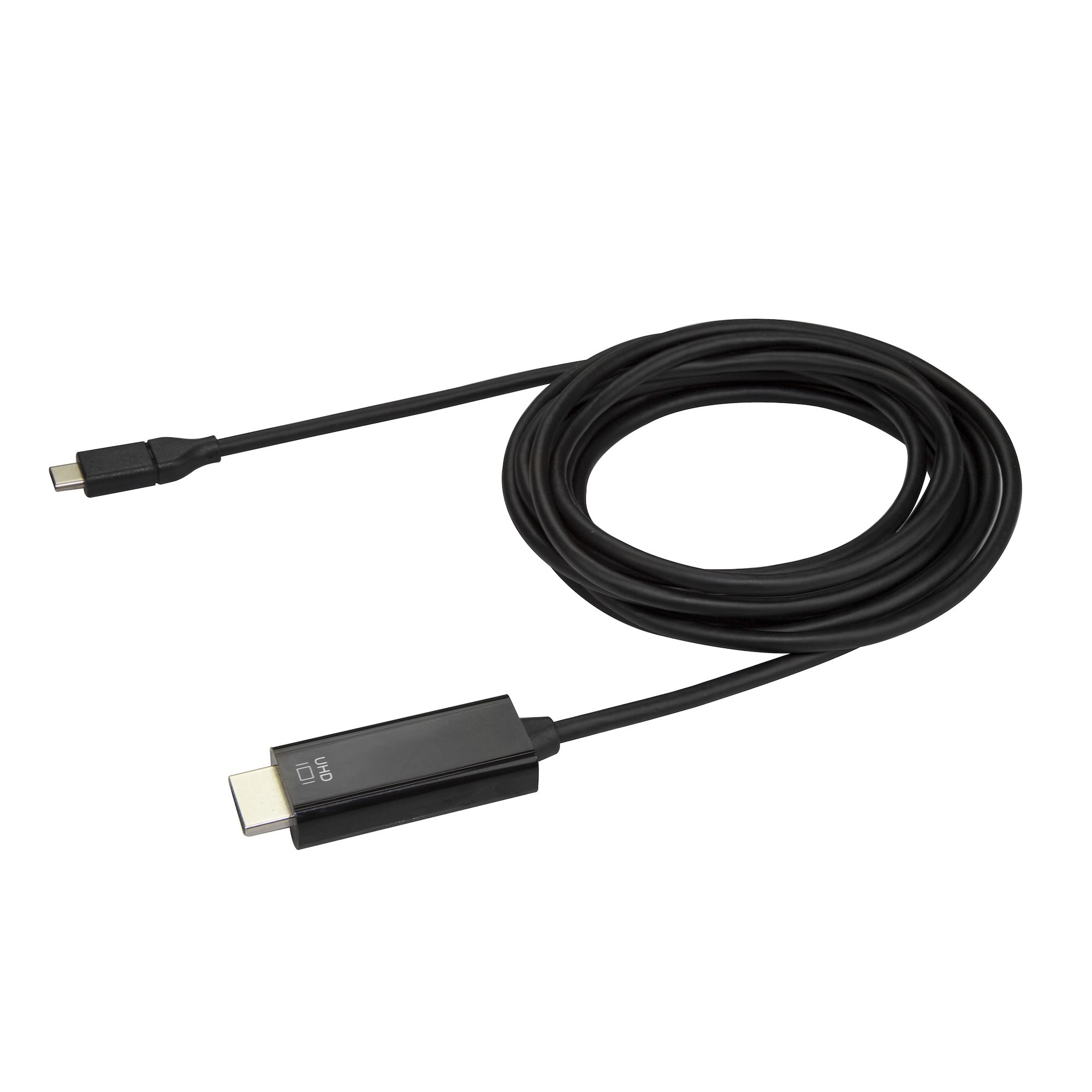 Un cable HDMI negro sobre un fondo blanco. Un extremo es USB-C, el otro un conector HDMI más grande.