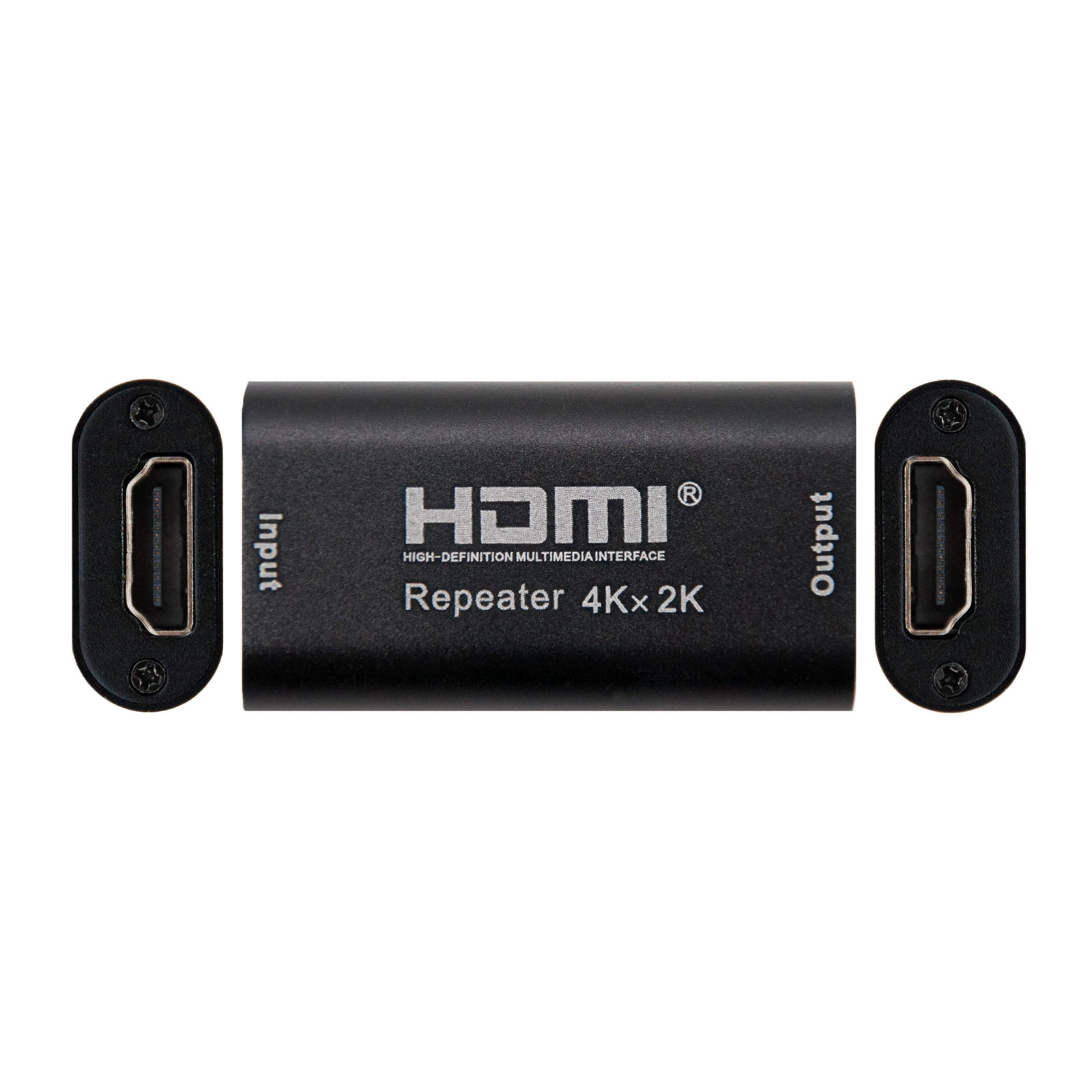 Repetidor HDMI negro con puertos de entrada y salida. El repetidor tiene el logo HDMI y el texto 'Repeater 4Kx2K'.