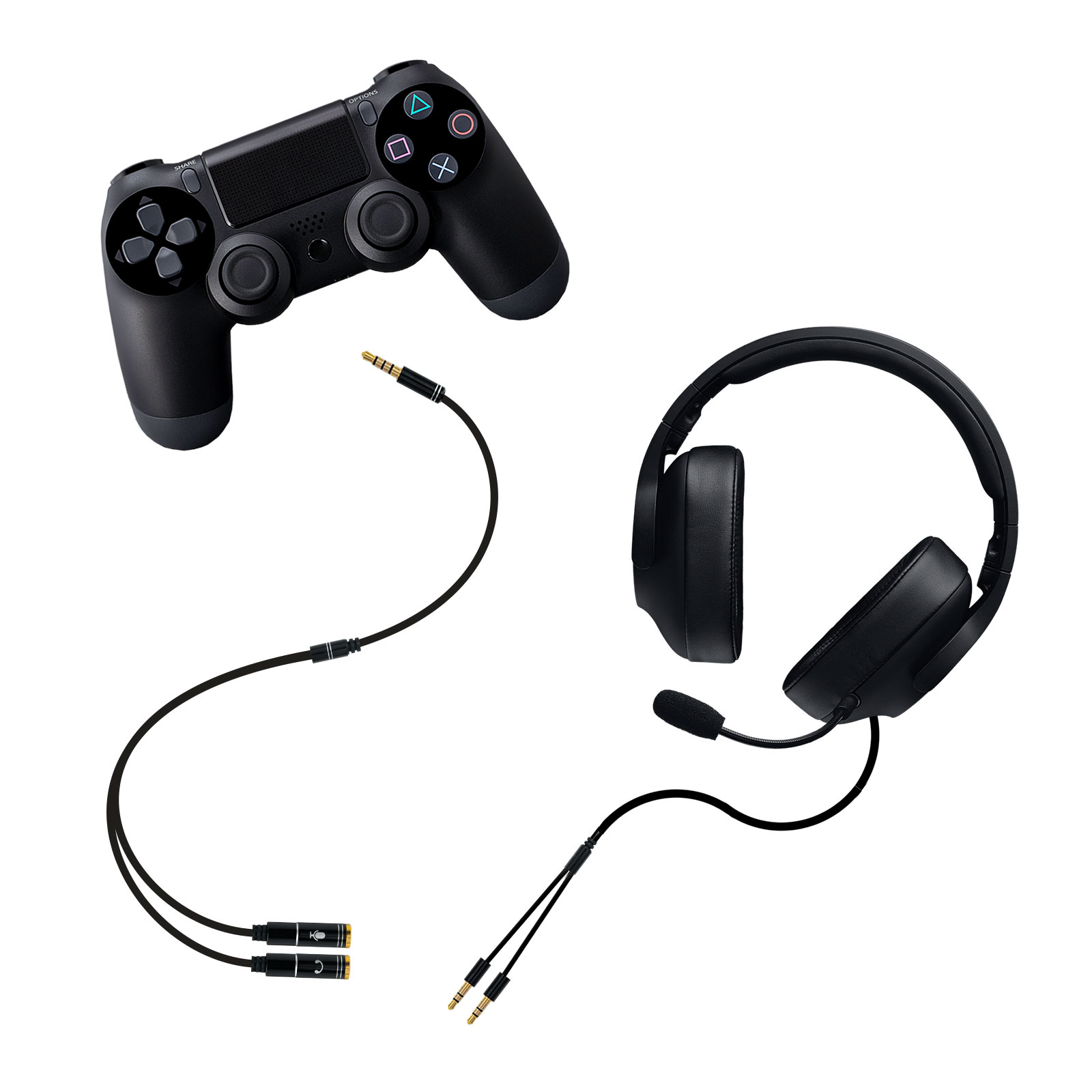 Un mando y auriculares negros de PlayStation con cables y conectores sobre fondo blanco.