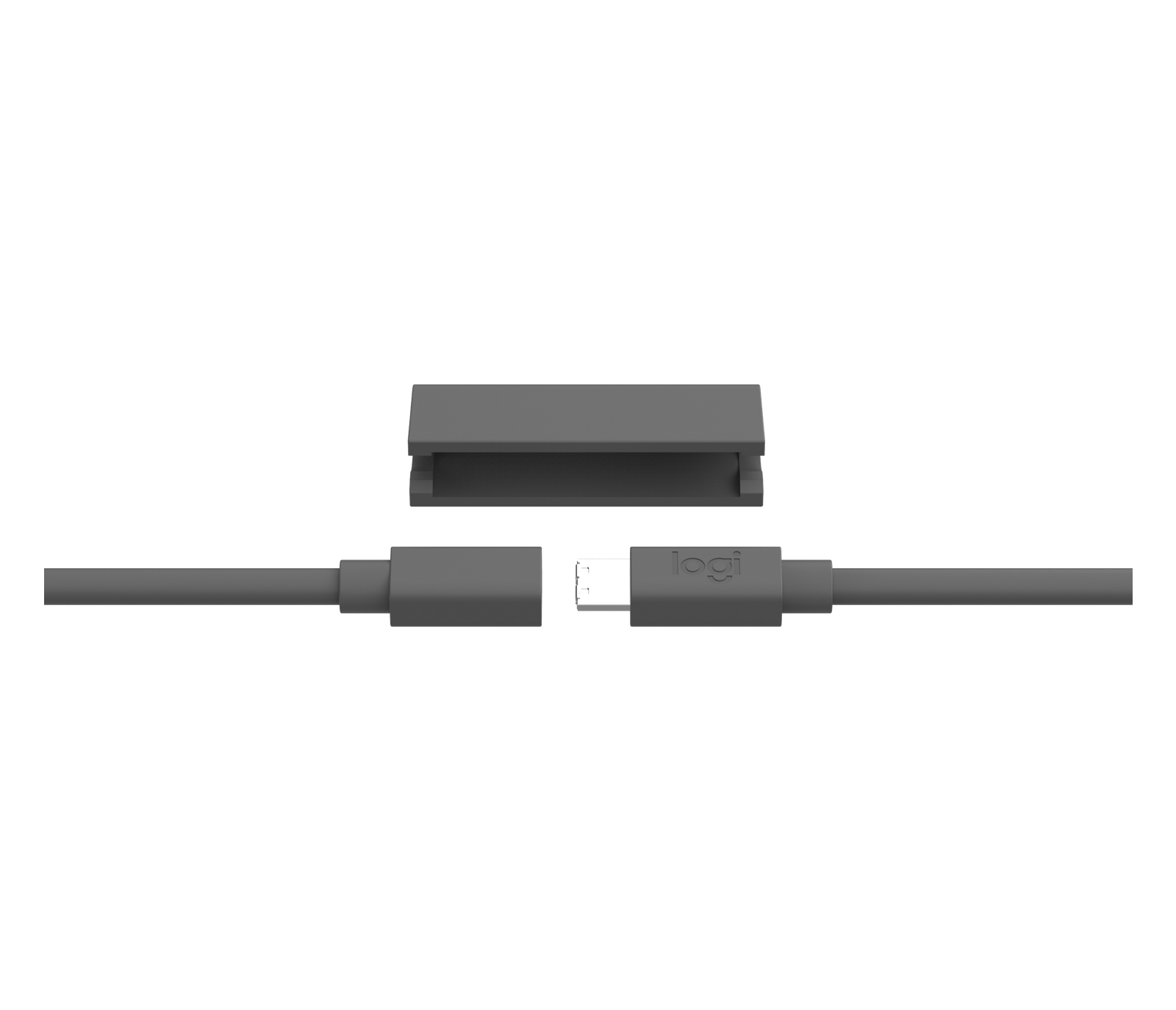 Un cable USB-C gris con el logo 'Logi' en el conector. Encima, un soporte gris. Fondo blanco.