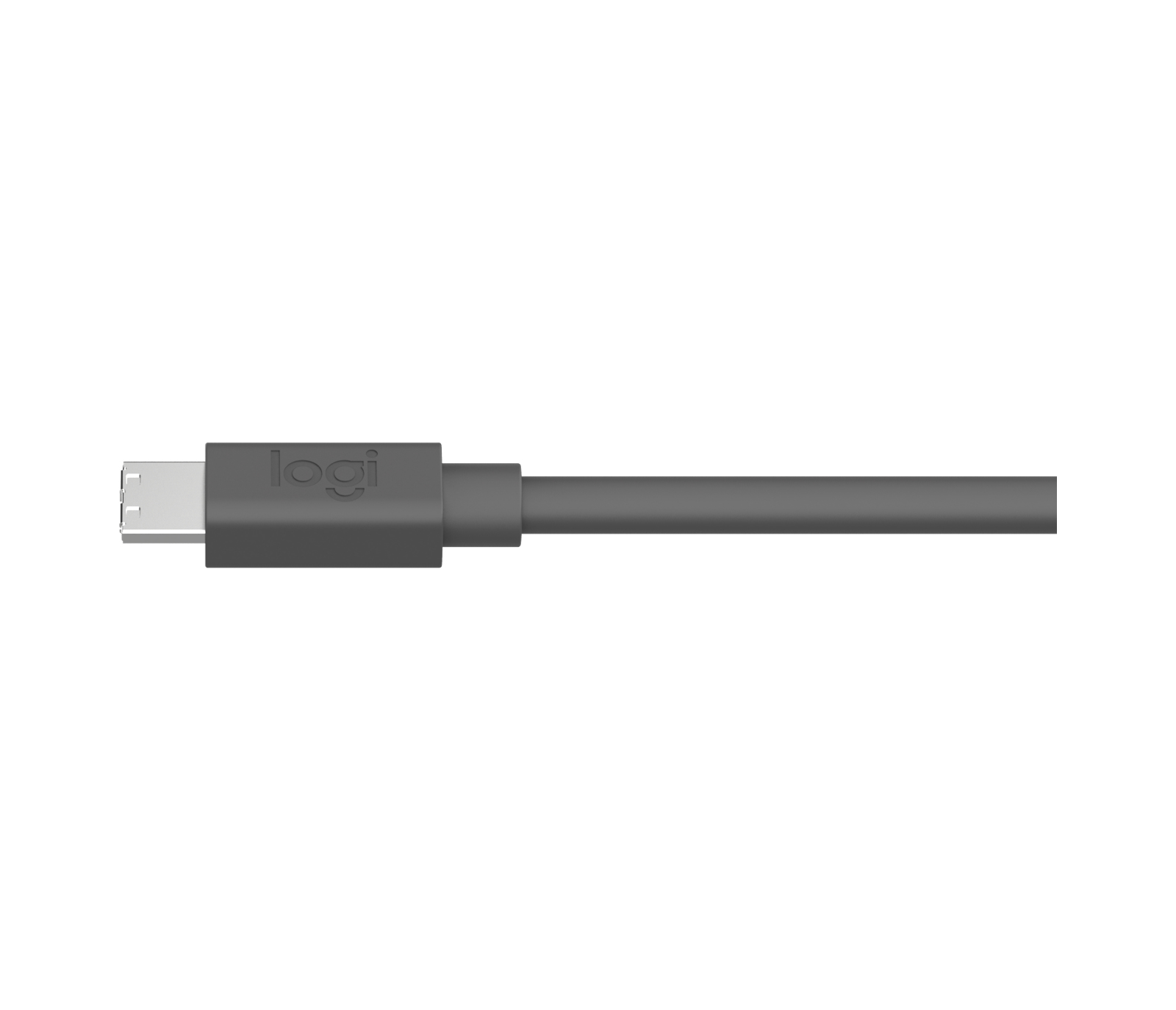Un cable USB Logi gris se encuentra horizontalmente. El cable tiene un conector USB-C en un extremo y un conector rectangular en el otro.