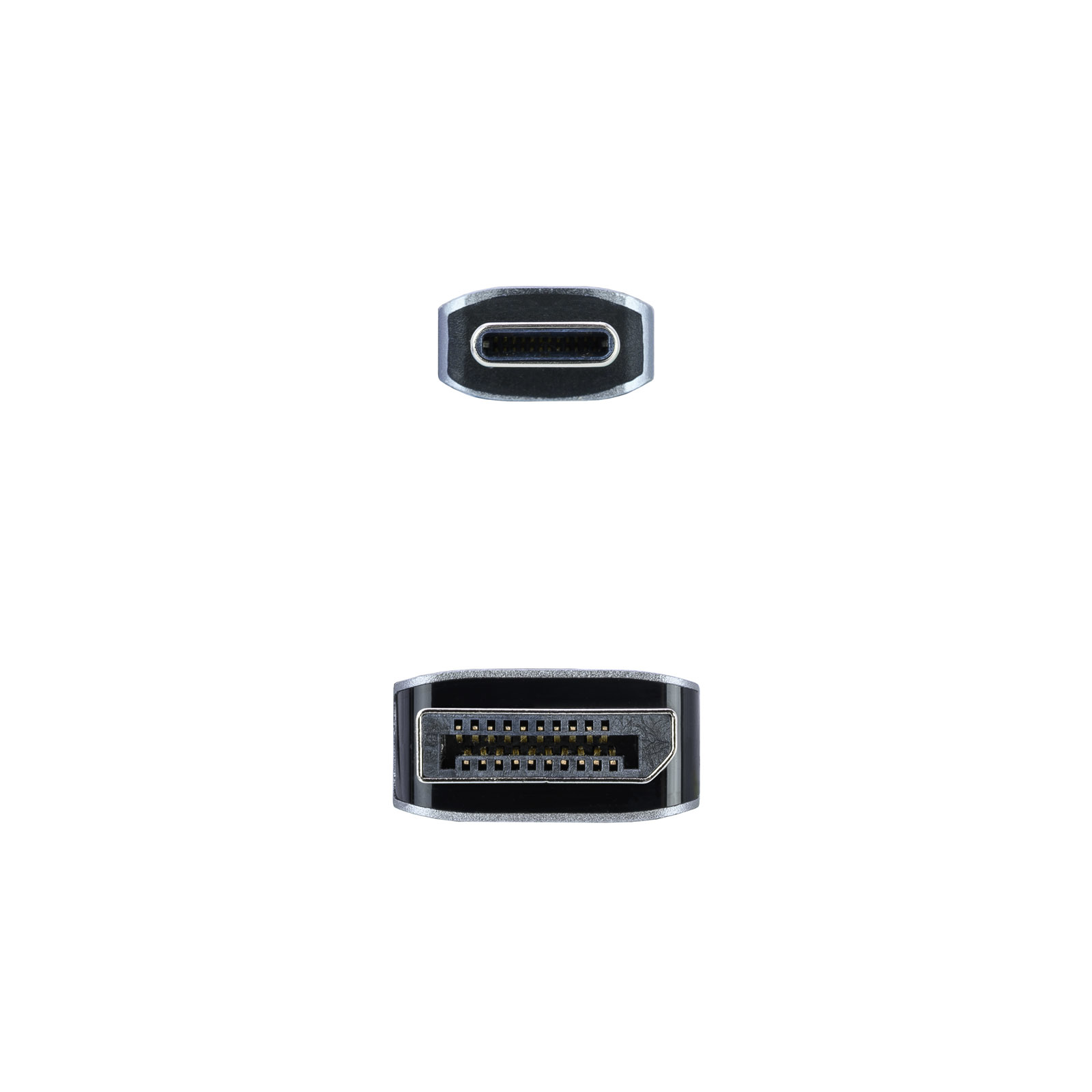 Dos conectores negros y plateados sobre fondo blanco. Uno es USB-C, el otro es DisplayPort.