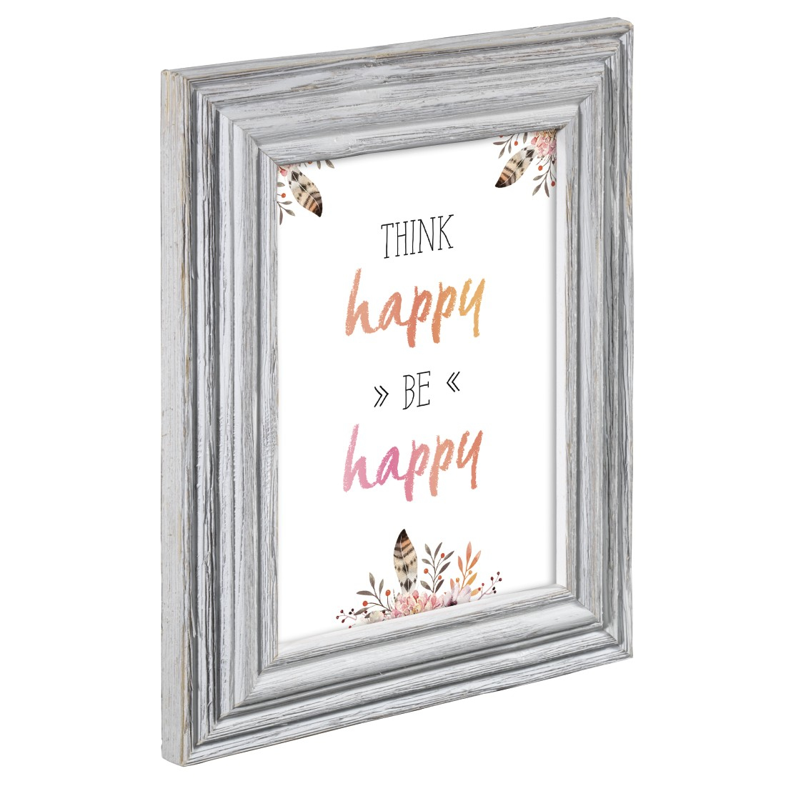 Ein gerahmter Druck mit den Worten 'THINK happy, BE happy'. Blumen- und Federakzente. Der Rahmen ist weiß mit einem Used-Look.