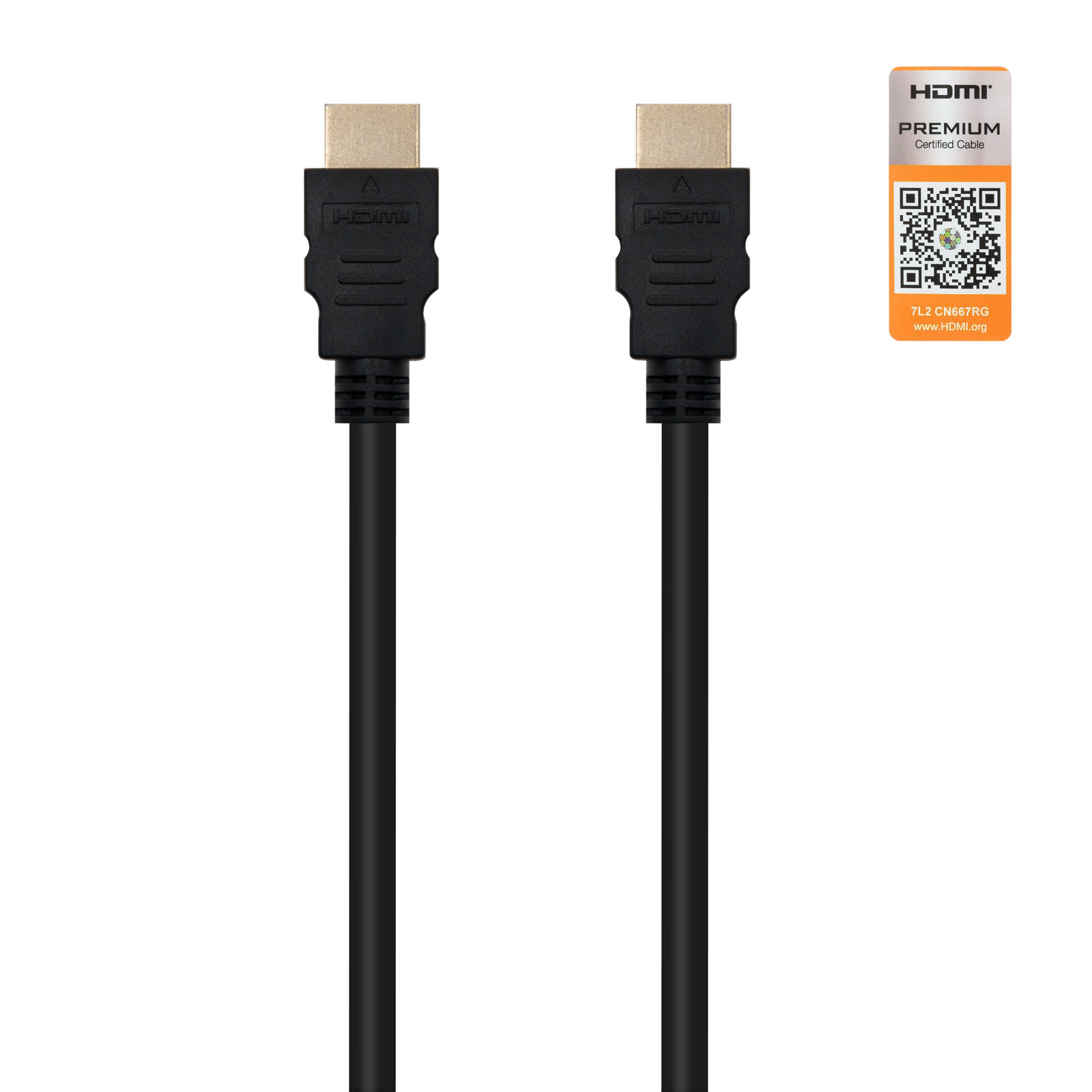 Dos cables HDMI negros con conectores dorados. Fondo blanco. Logotipo HDMI Premium Certified Cable a la derecha.