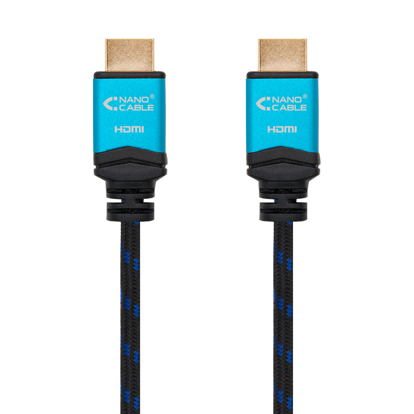 Dos cables HDMI. Cada uno tiene un conector azul con texto blanco y un cable trenzado negro y azul.