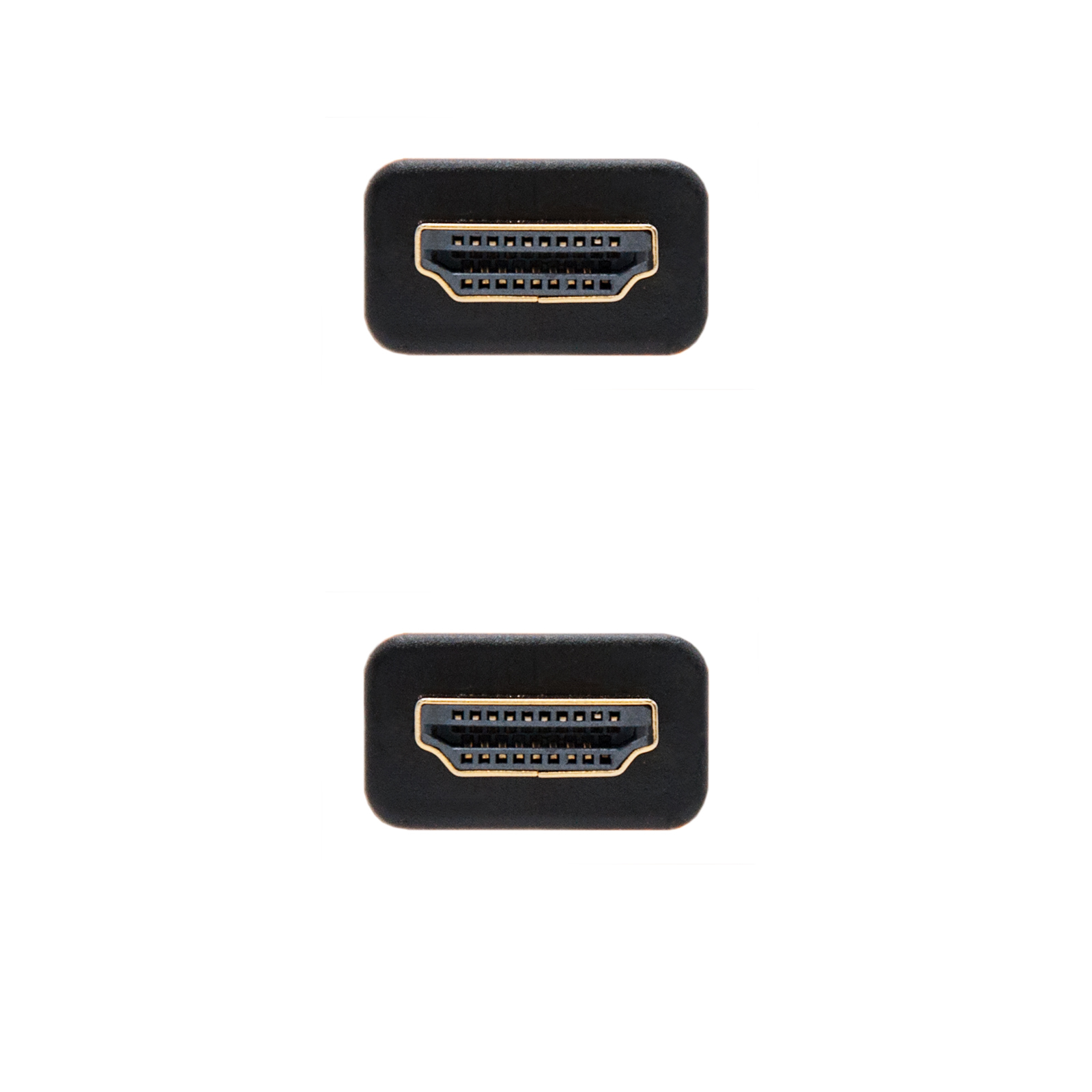Dos conectores HDMI negros sobre fondo blanco. Cada uno tiene un interior dorado y muchos agujeros pequeños.
