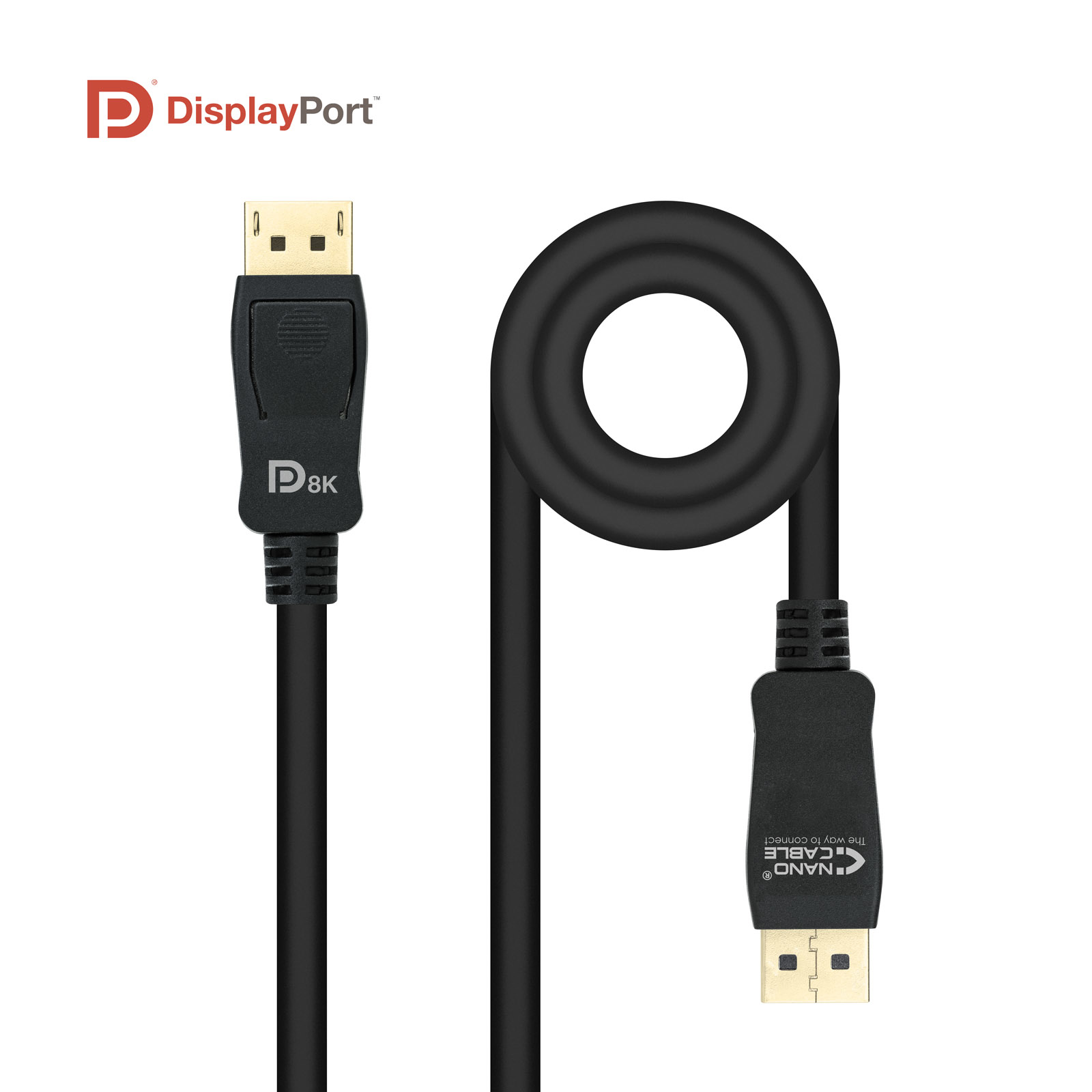 Schwarzes DisplayPort-Kabel, aufgerollt. Anschlüsse an jedem Ende. 'P 8K' auf einem. 'NANO CABLE' Logo am anderen Ende.