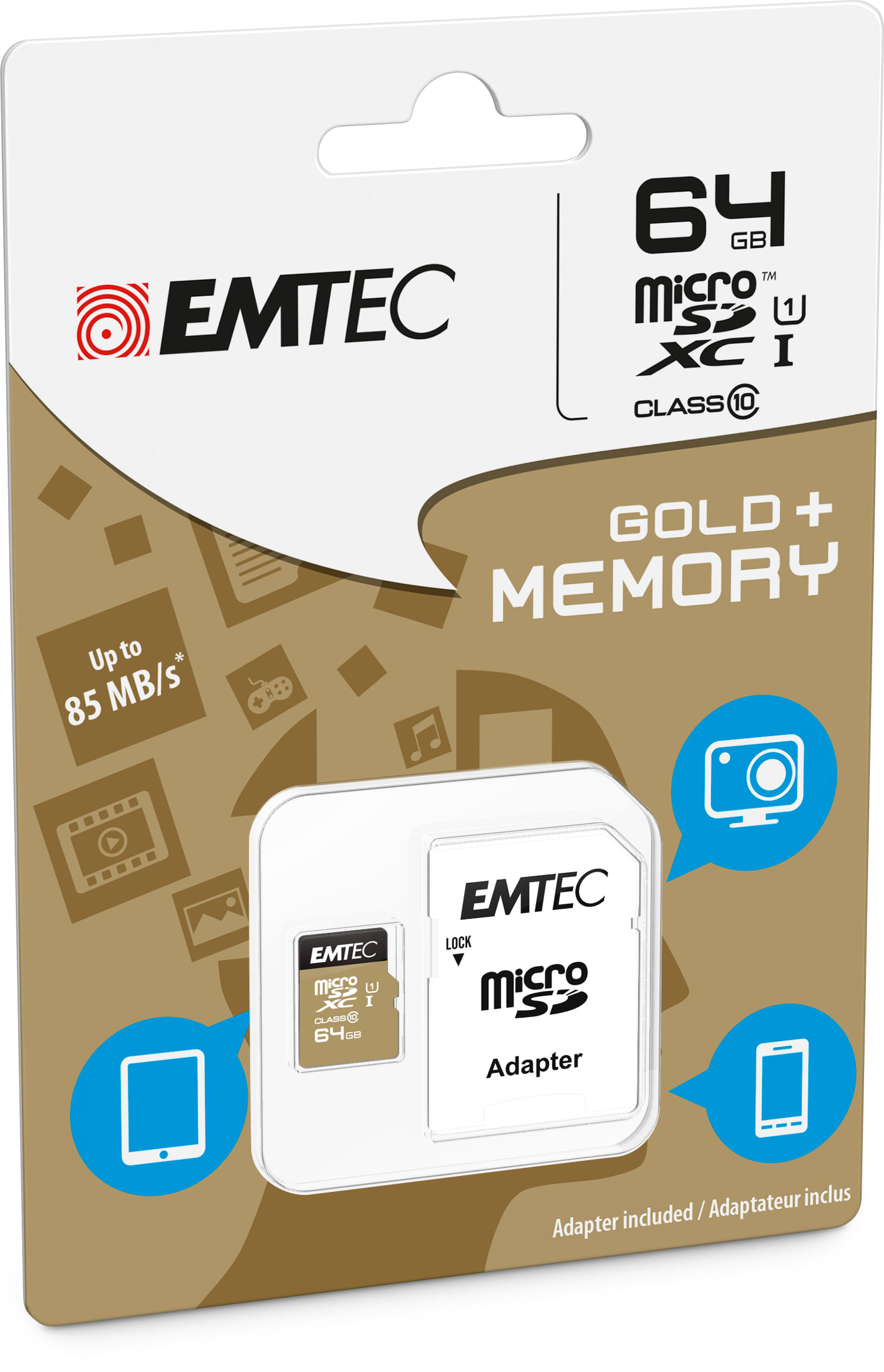 Paquet de carte Micro SD EMTEC 64 Go. Comprend un adaptateur. Vitesse de 85 Mo/s. Couleurs or et blanc. Icônes d'appareil photo, de tablette et de téléphone.