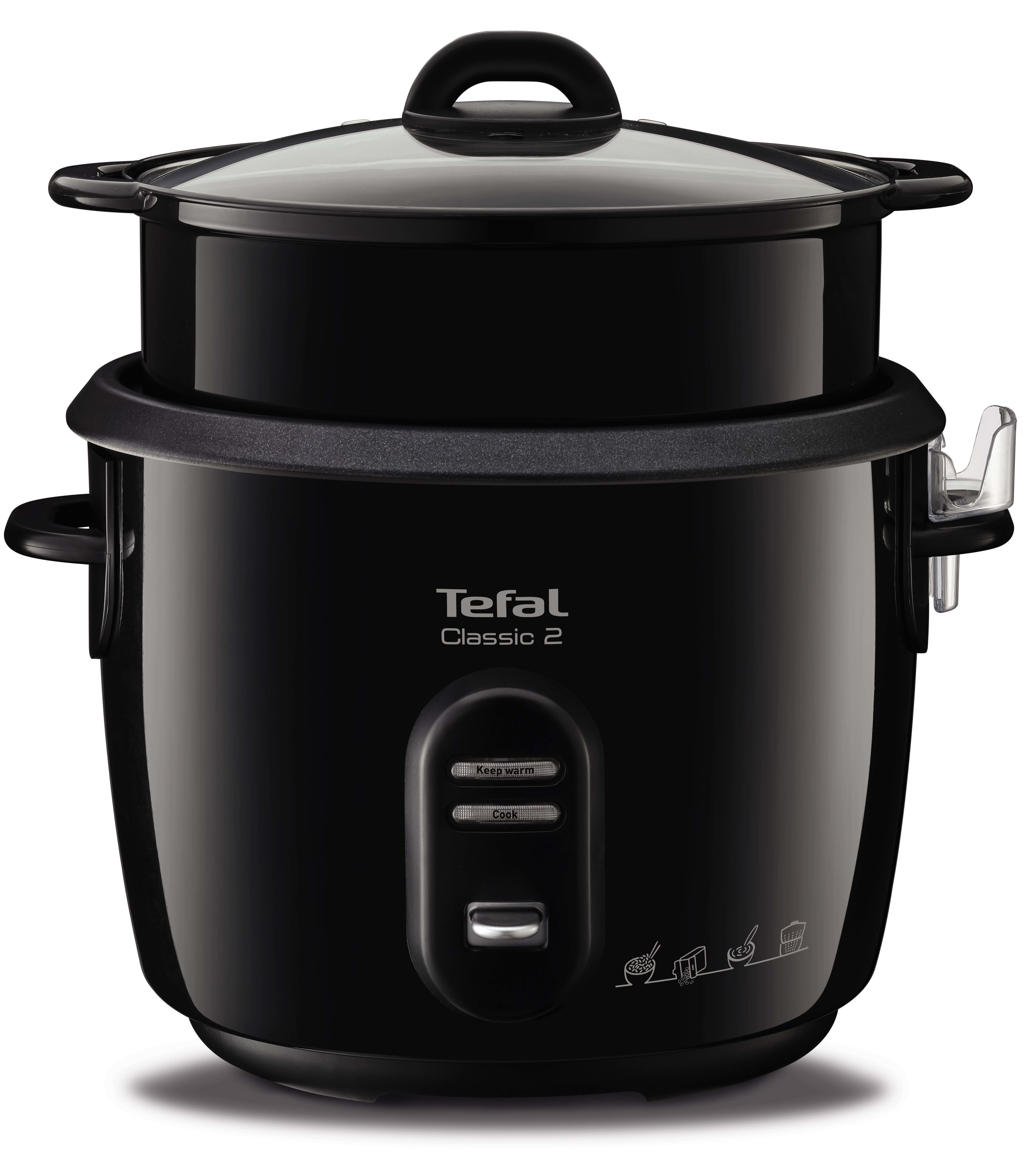 Arrocera negra Tefal Classic 2 con tapa y asa de cristal. Tiene botones de Mantener caliente y Cocinar.